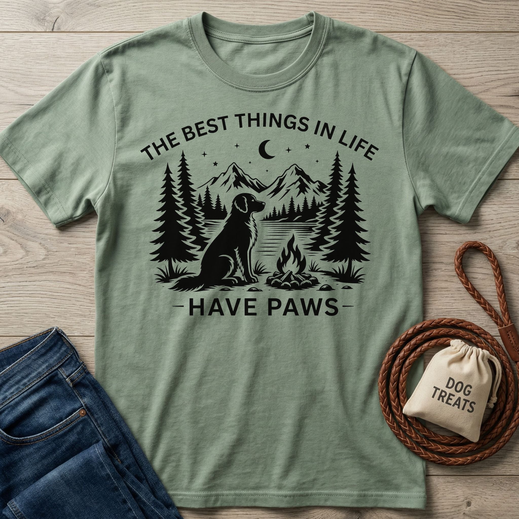 Sage green crewneck t-shirt featuring a black graphic of a dog, campfire, mountains, and the text The Best Things In Life Have Paws.