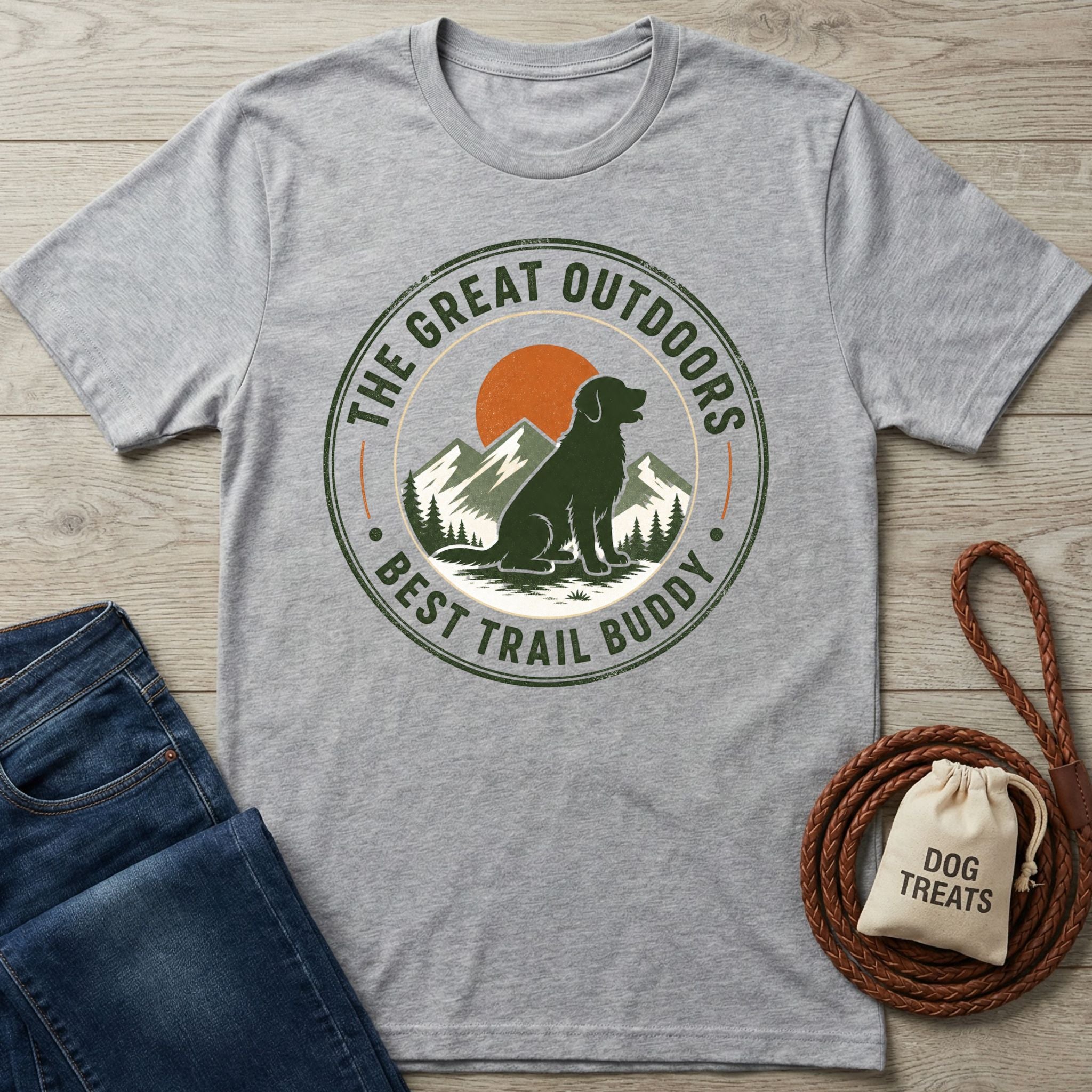 Heather grey crewneck t-shirt featuring a vintage-style graphic of a dog, mountains, and the text The Great Outdoors Best Trail Buddy.