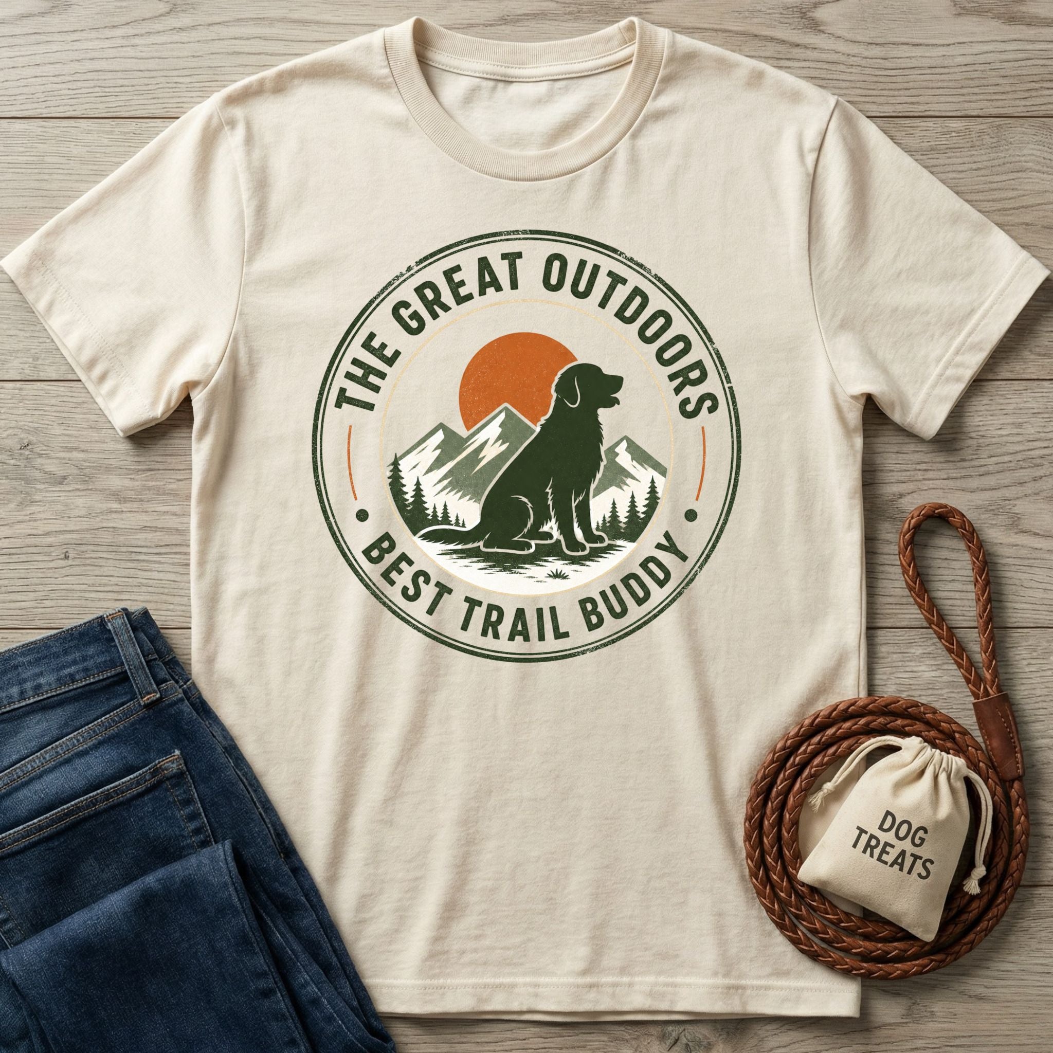 Cream-colored crew neck t-shirt featuring a vintage mountain and dog graphic with the text The Great Outdoors Best Trail Buddy.