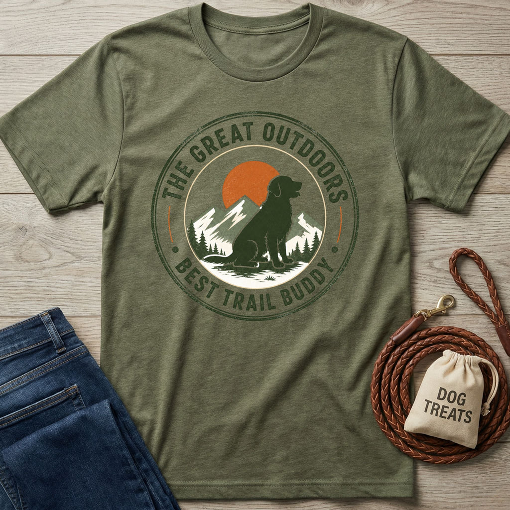 Olive green crewneck t-shirt featuring a dog, mountain, and sunset graphic with the text The Great Outdoors Best Trail Buddy.