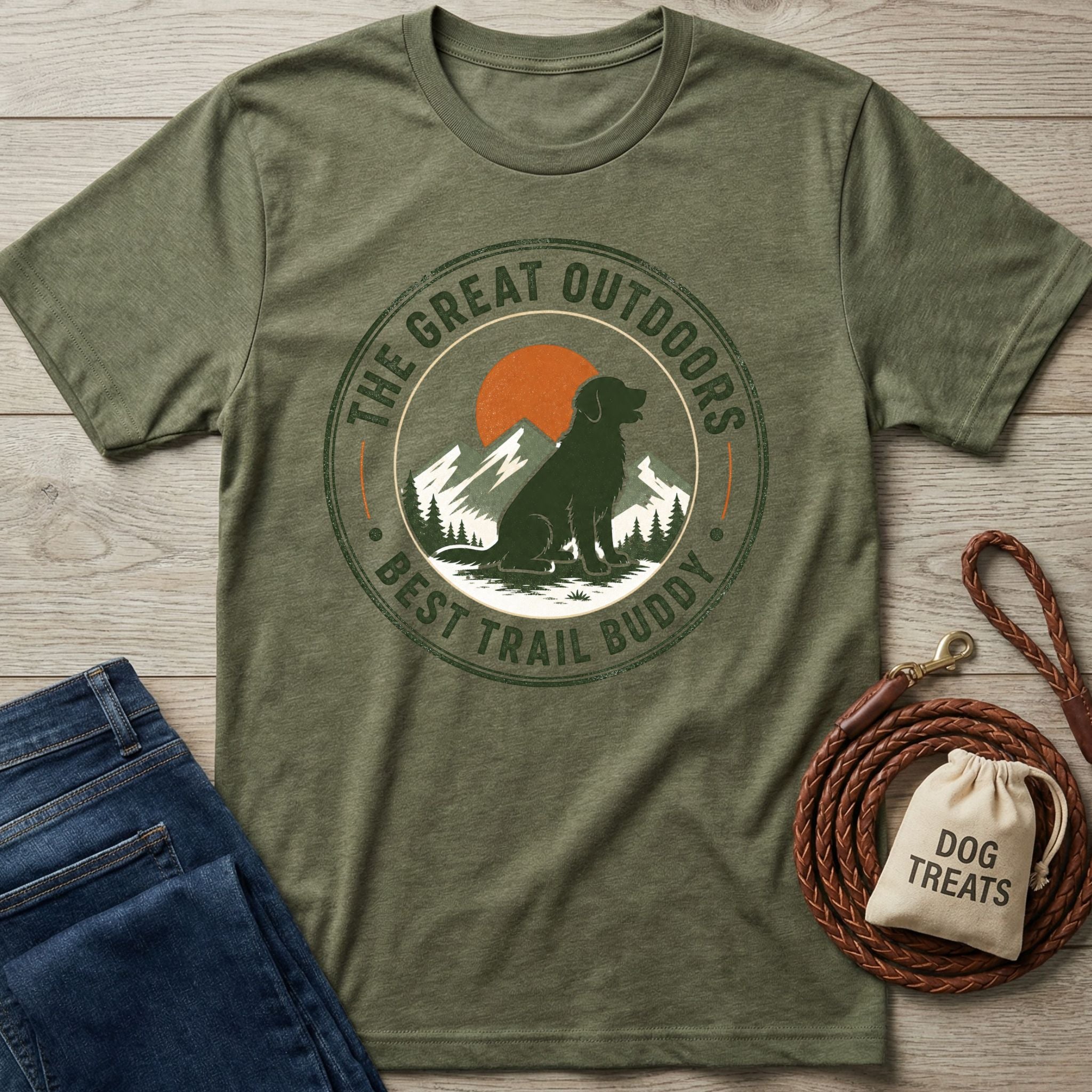 Olive green crewneck t-shirt featuring a dog, mountain, and sunset graphic with the text The Great Outdoors Best Trail Buddy.