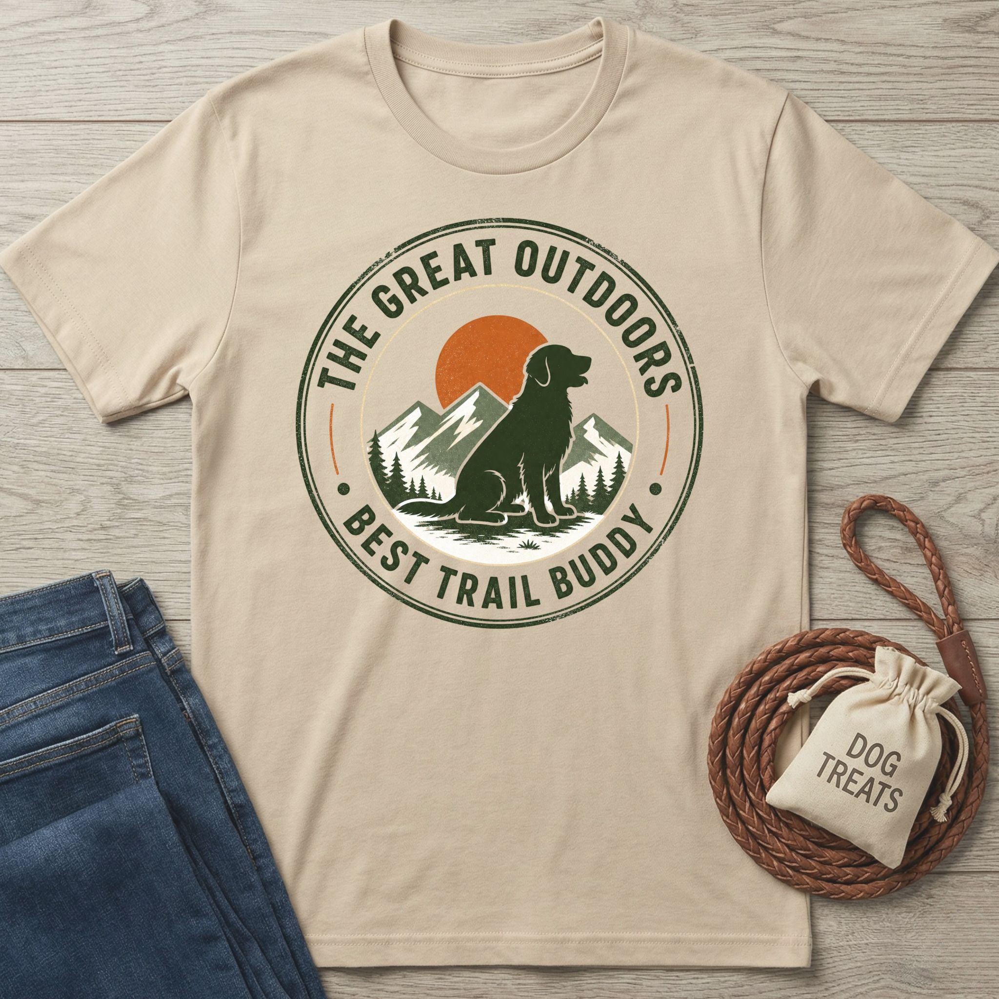 Beige cotton t-shirt featuring a vintage-style graphic of a dog, mountains, and sun with the text The Great Outdoors.
