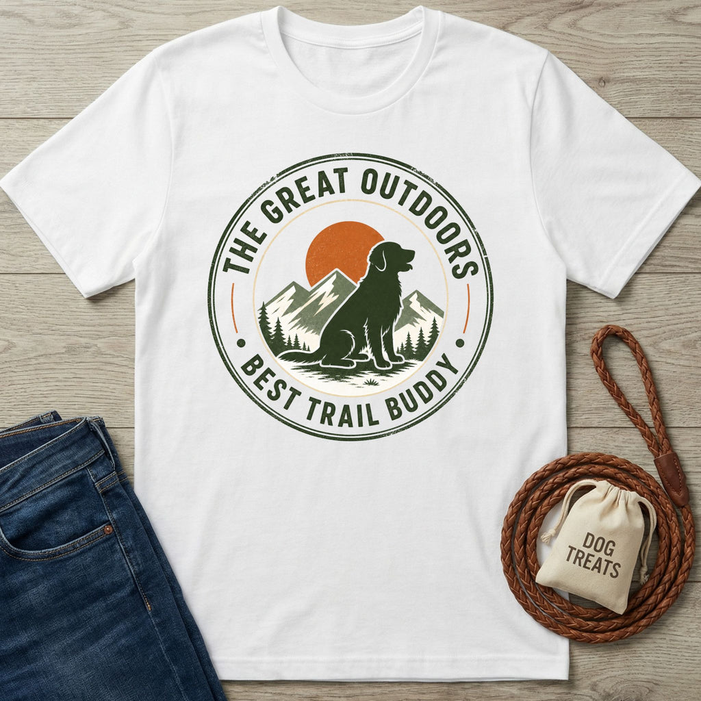 White crew neck t-shirt featuring a circular graphic of a dog, mountains, and sun with the text The Great Outdoors Best Trail Buddy.