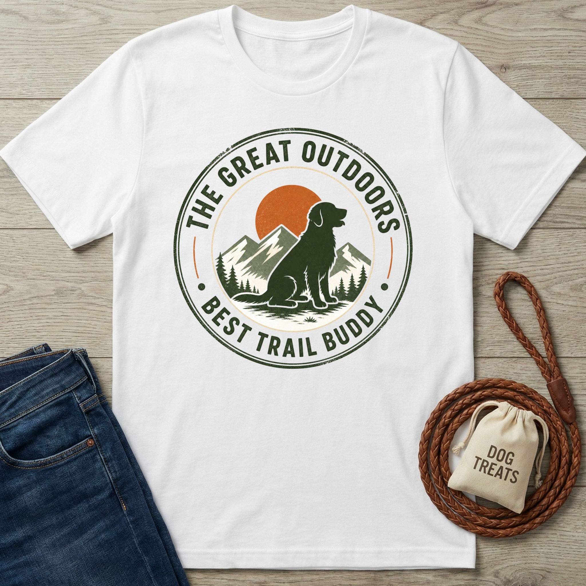 White crew neck t-shirt featuring a circular graphic of a dog, mountains, and sun with the text The Great Outdoors Best Trail Buddy.