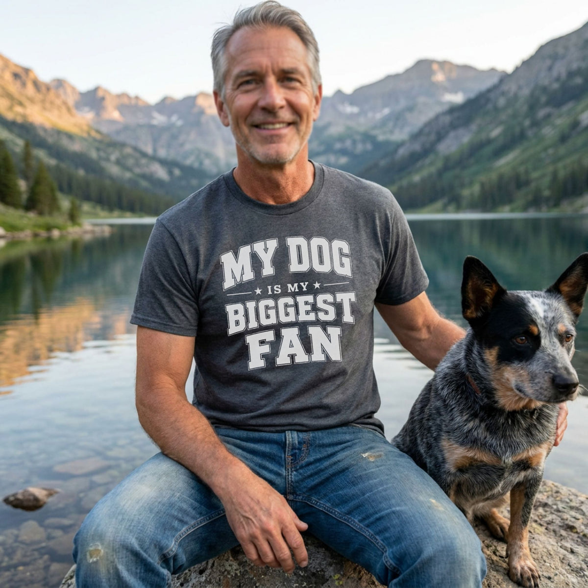 Man wearing a charcoal grey crewneck t-shirt with white My Dog Is My Biggest Fan text, sitting by a lake with his dog.