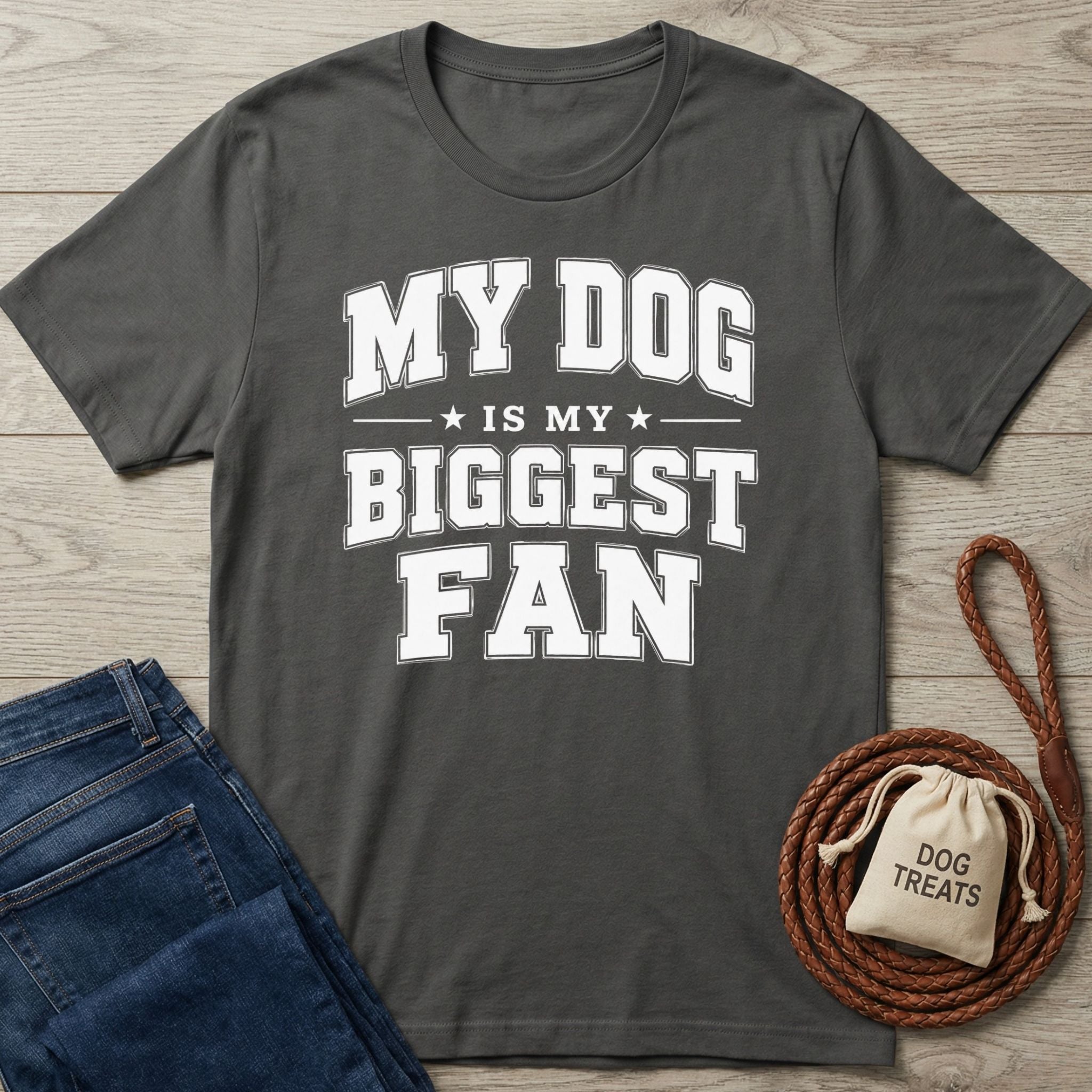 Charcoal gray cotton t-shirt featuring the white text My Dog Is My Biggest Fan, displayed on a wooden surface with denim.
