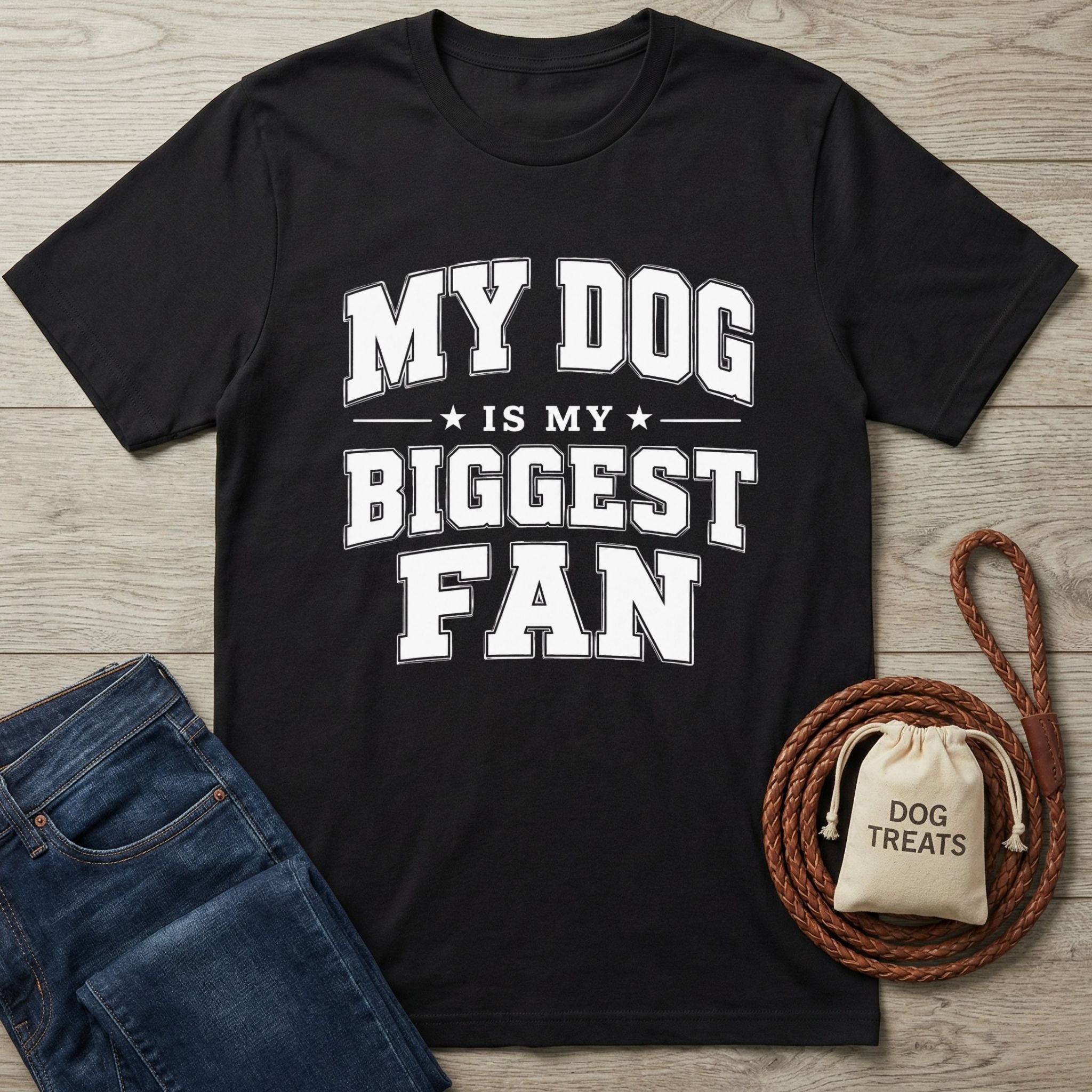 Black crewneck t-shirt featuring white text that reads My Dog Is My Biggest Fan, displayed with jeans and a treat bag.