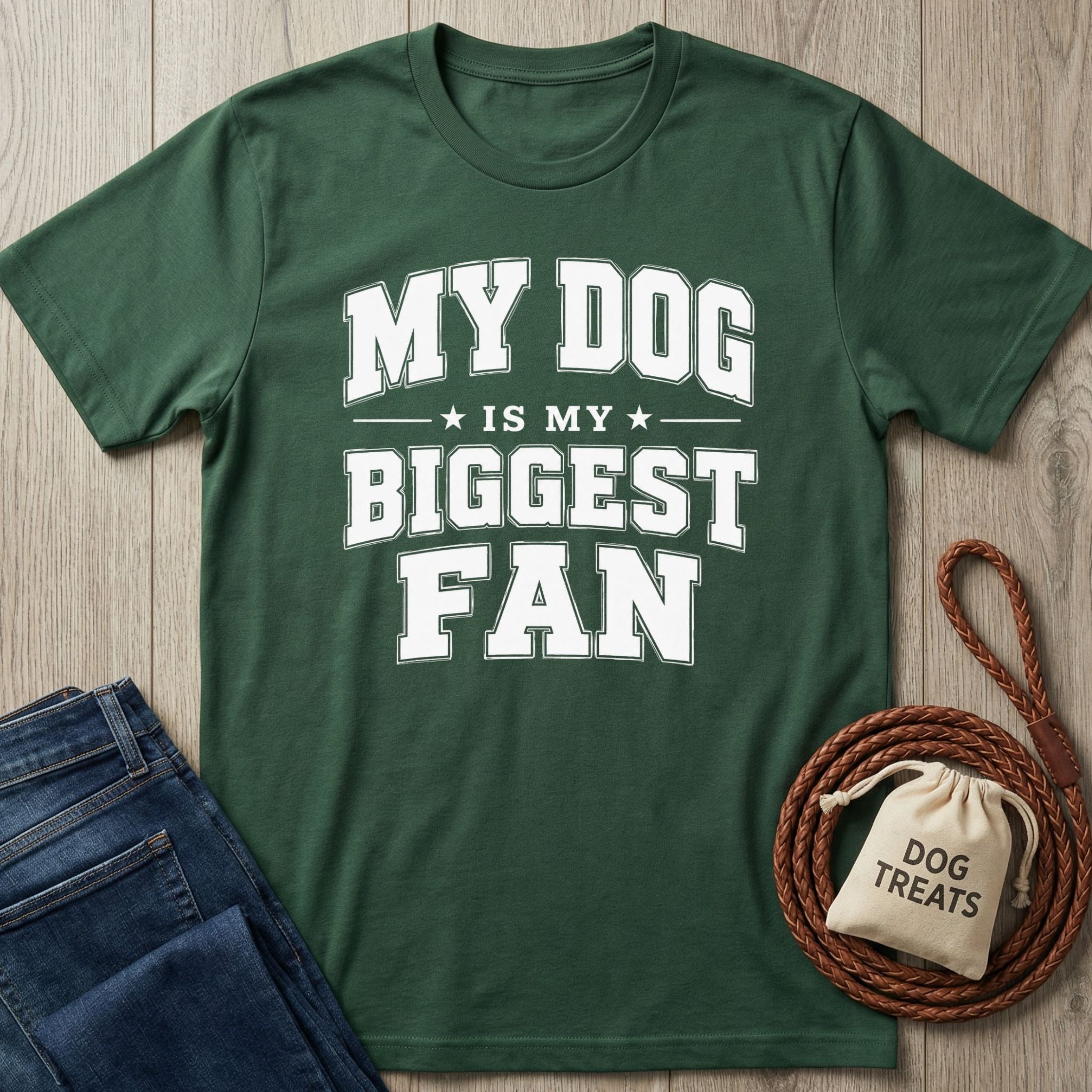 Forest green crewneck t-shirt with white collegiate-style text reading My Dog Is My Biggest Fan, laid on a wooden surface.