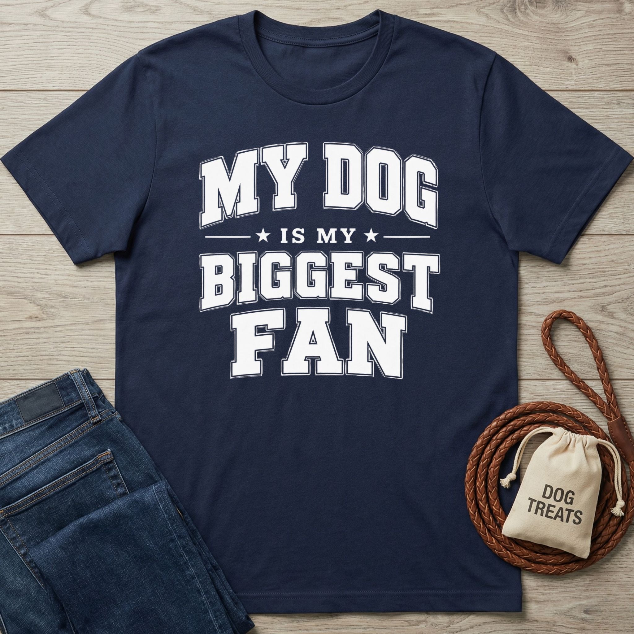 Navy blue crewneck t-shirt with white text reading My Dog Is My Biggest Fan, displayed on a wooden surface with a leash.
