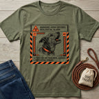 Olive green Gildan Softstyle tee with a "Biological Alarm" graphic featuring a barking dog in an orange warning frame.