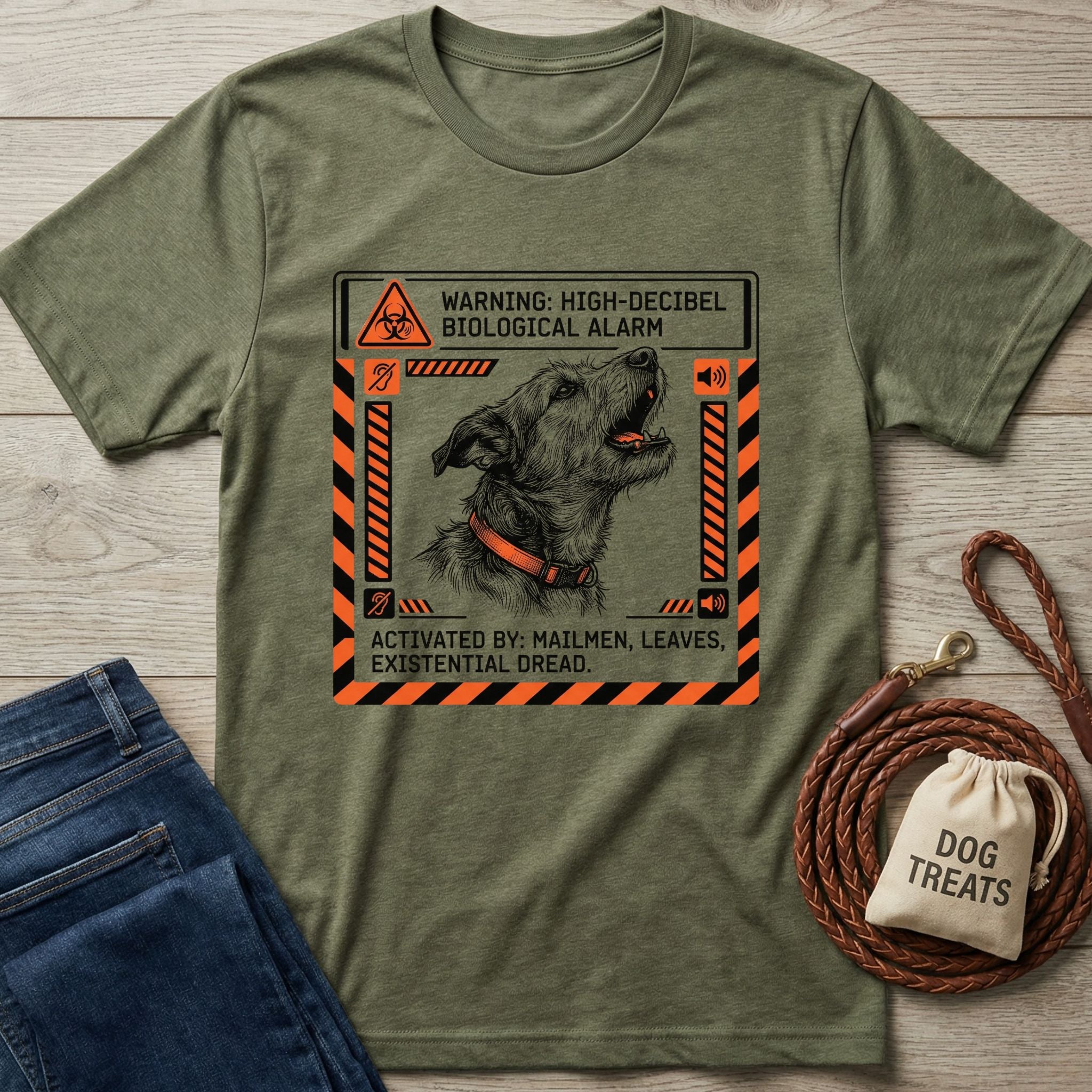 Olive green Gildan Softstyle tee with a "Biological Alarm" graphic featuring a barking dog in an orange warning frame.