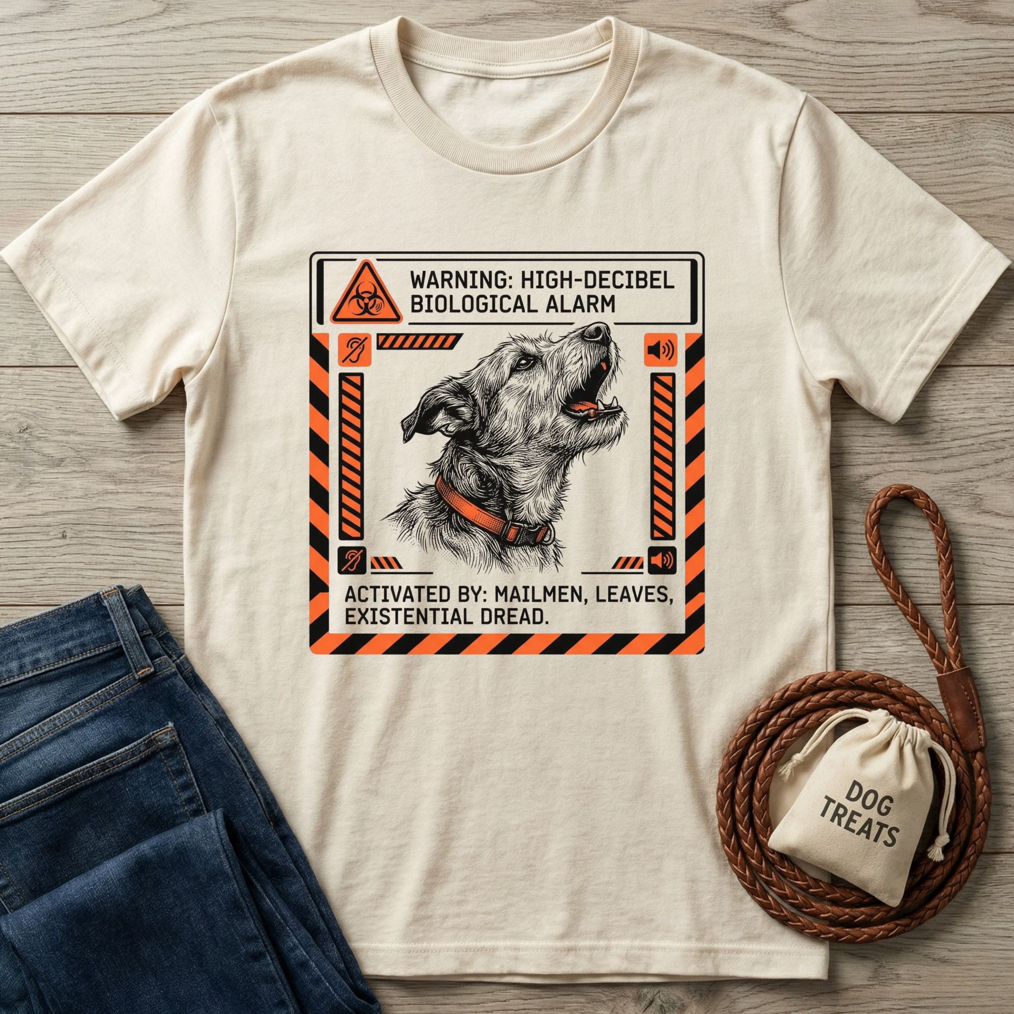 Cream Gildan Softstyle® T-shirt with a barking dog graphic and "Biological Alarm" warning in orange and black.