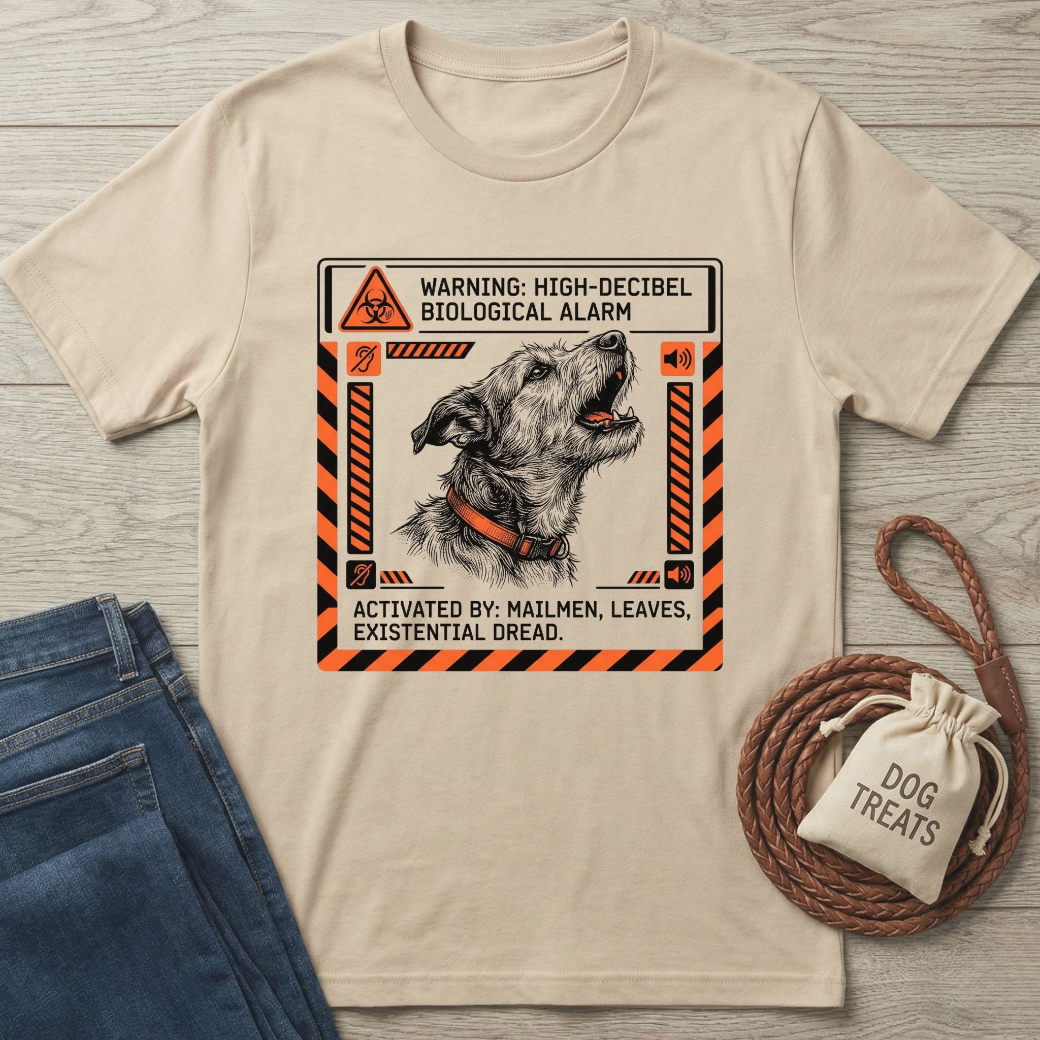 Beige Gildan Softstyle® t-shirt with a barking dog graphic and "Biological Alarm" warning text.