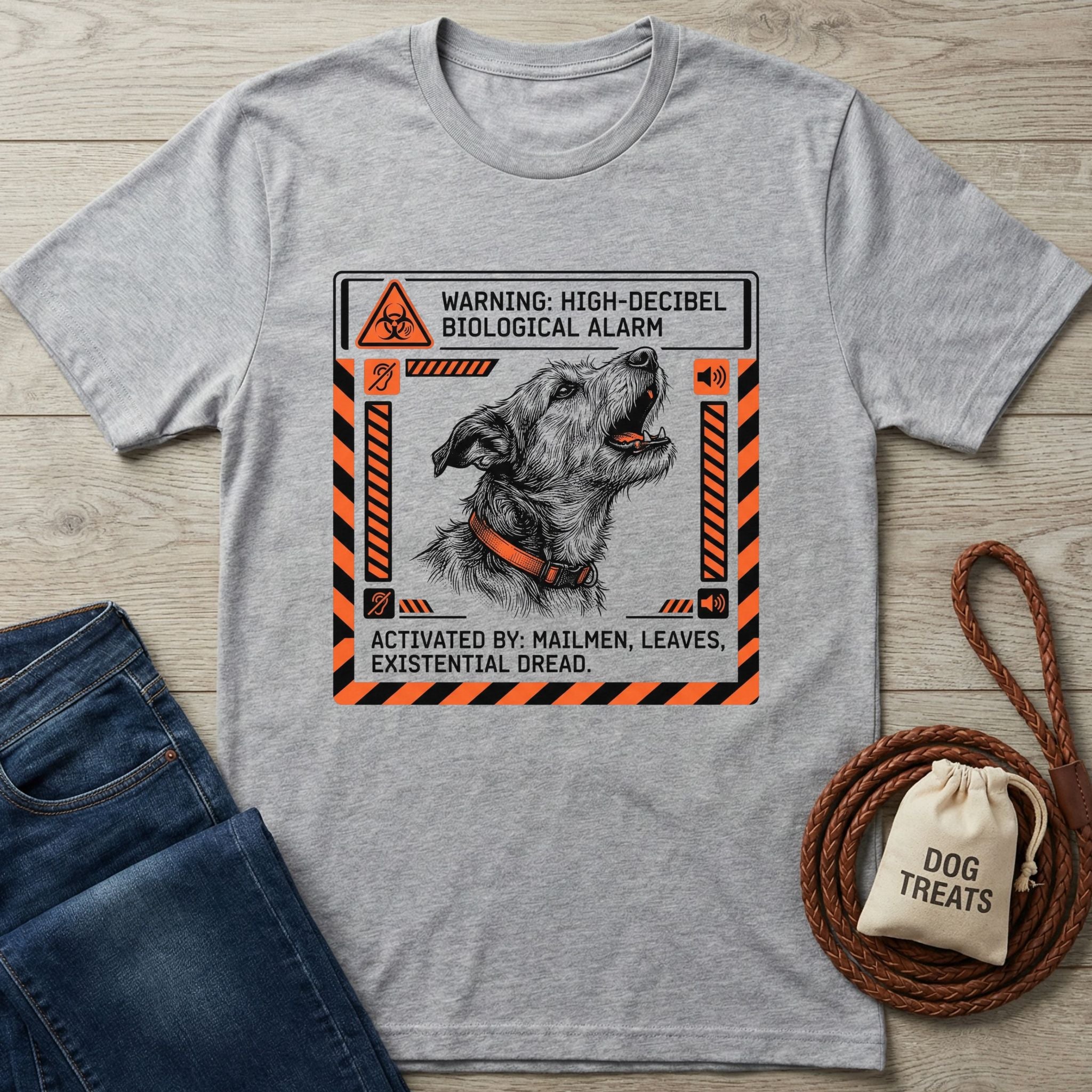 Light grey Gildan Softstyle t-shirt with a barking dog graphic and "Biological Alarm" warning text.