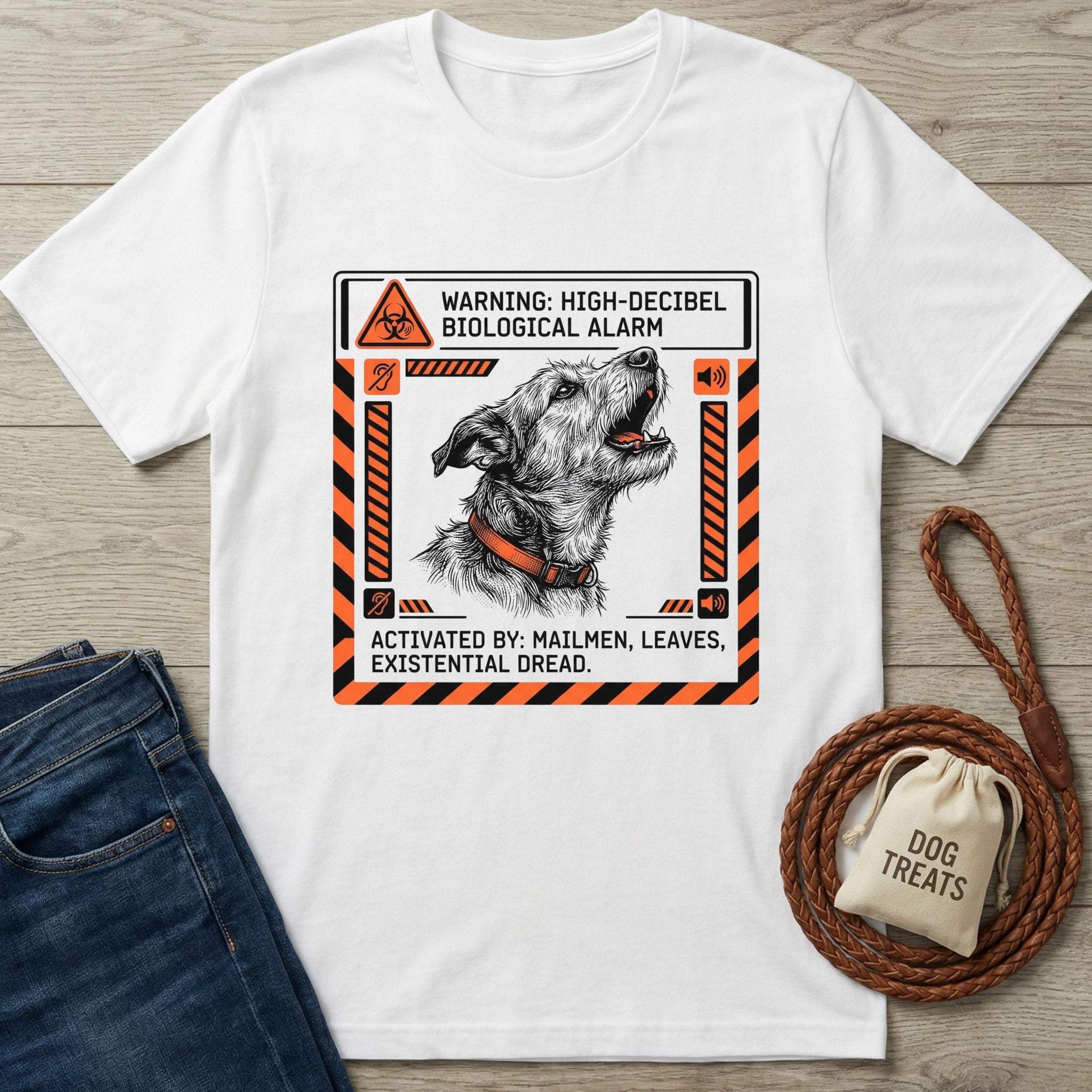 White Gildan Softstyle® T-shirt with a barking dog graphic and "Biological Alarm" warning.