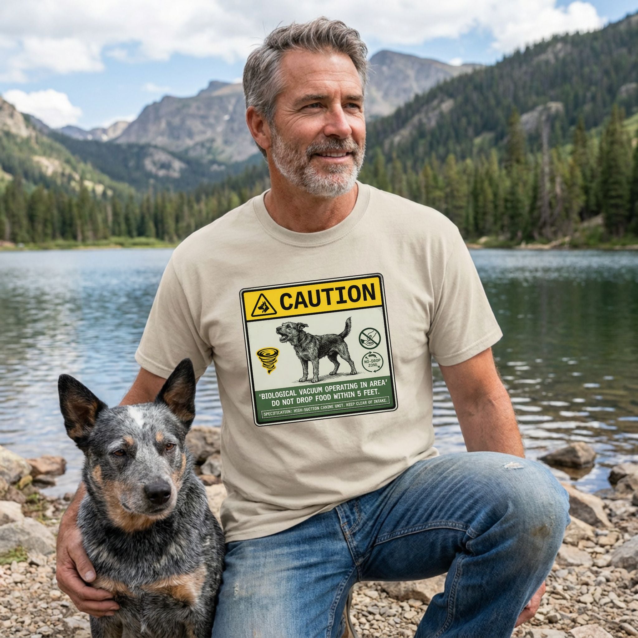 Man in a tan "Biological Vacuum" dog tee with a blue heeler by a lake and mountains.