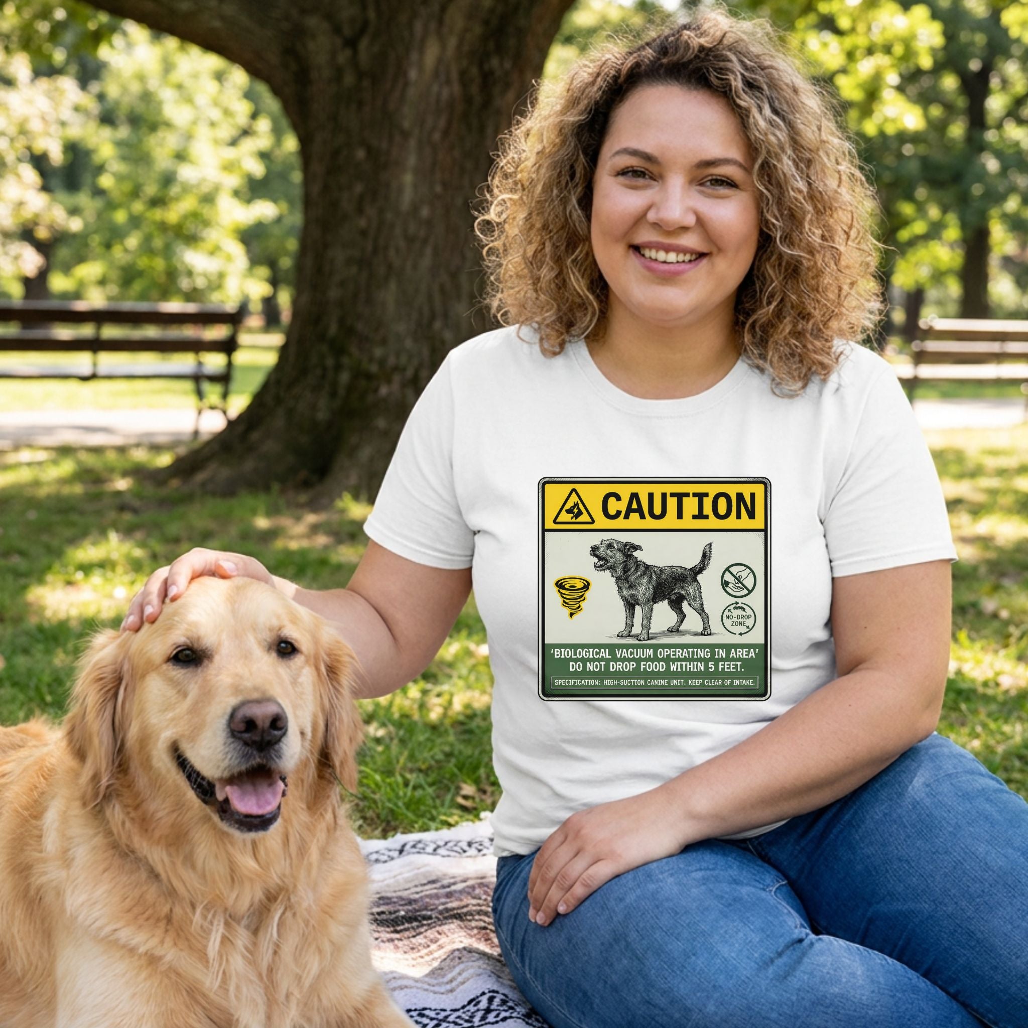 Woman in a white "Biological Vacuum" t-shirt petting a golden retriever in a park.