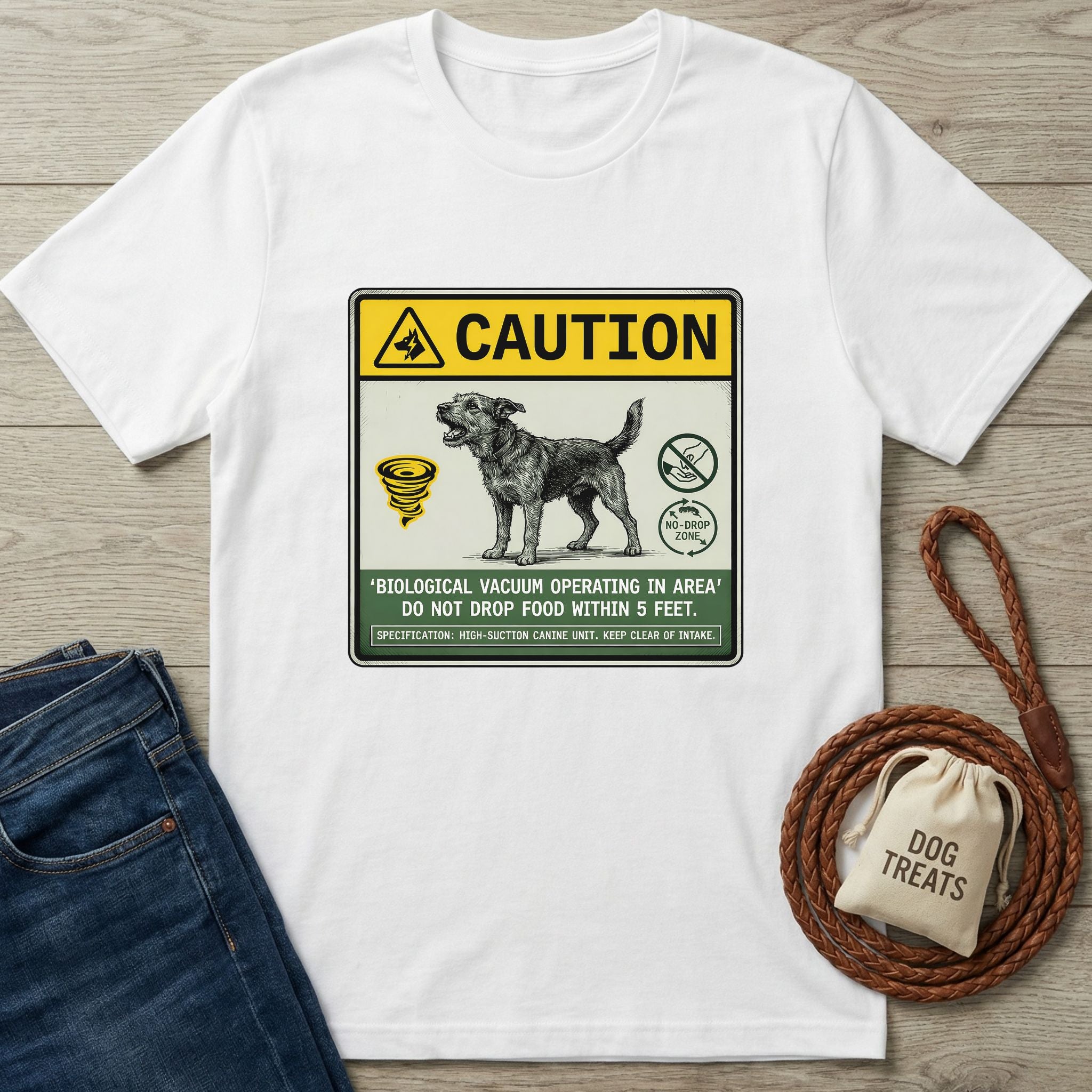 White Gildan Softstyle® t-shirt with a "Biological Vacuum" dog graphic, next to jeans, a leash, and dog treats.