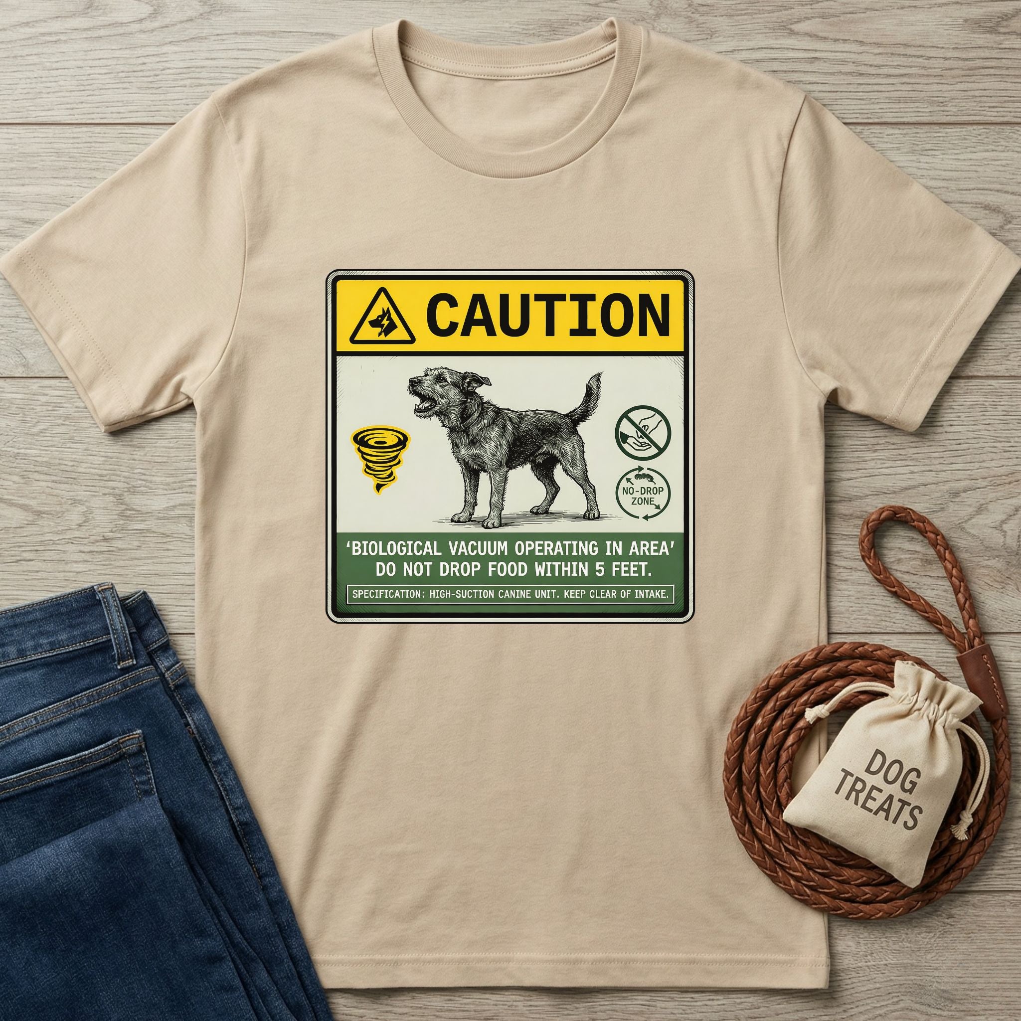 Tan Gildan Softstyle t-shirt with a "Caution: Biological Vacuum" dog design, next to jeans and dog treats.