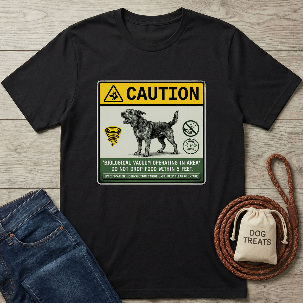 Black Gildan Softstyle t-shirt with "Biological Vacuum" dog design, jeans, and "Dog Treats" bag.