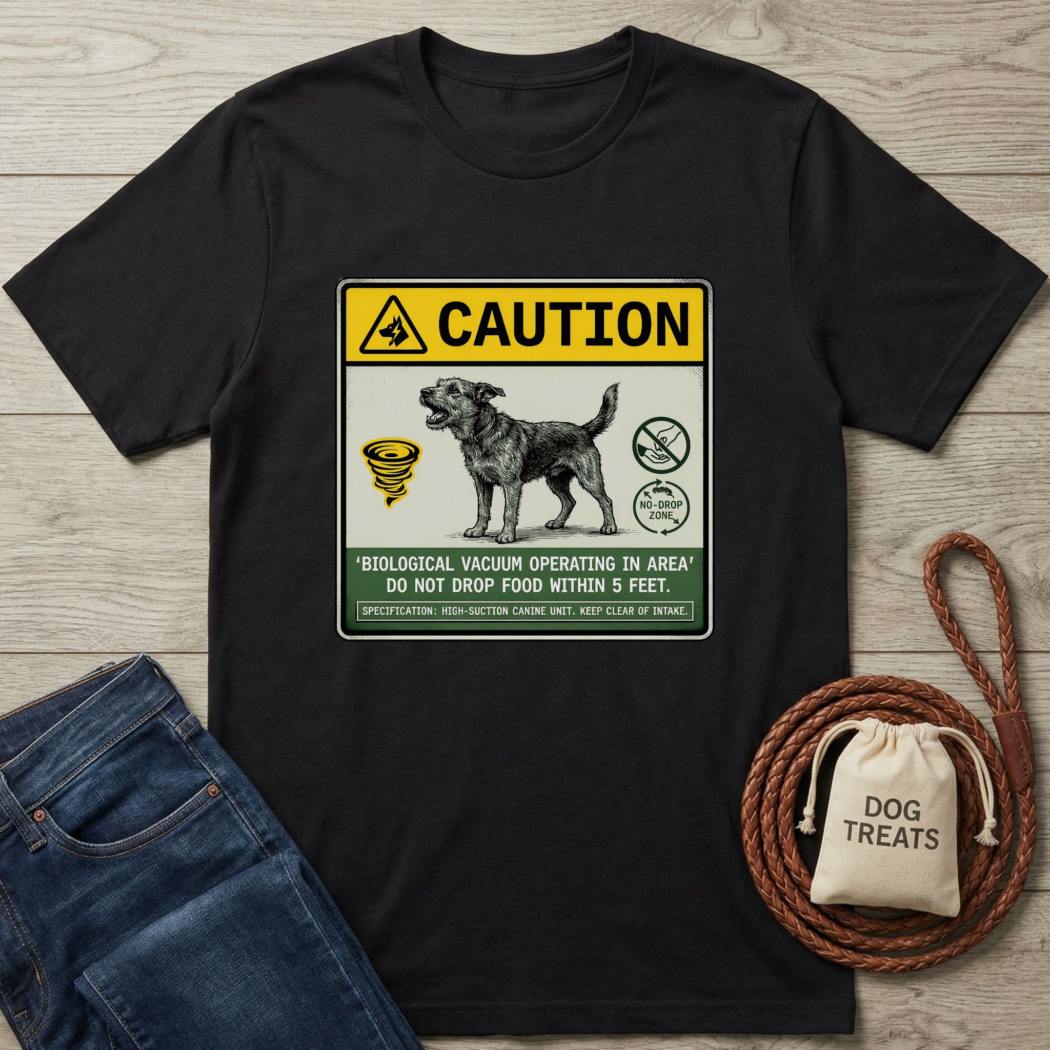 Black Gildan Softstyle t-shirt with "Biological Vacuum" dog design, jeans, and "Dog Treats" bag.