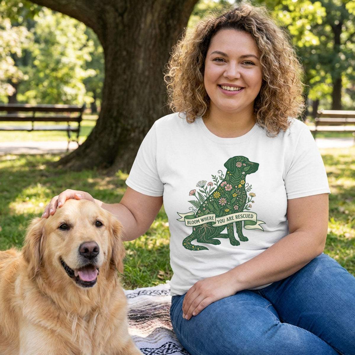 Woman in a white "Bloom Where You Are Rescued" t-shirt with a floral dog design, petting a golden retriever.