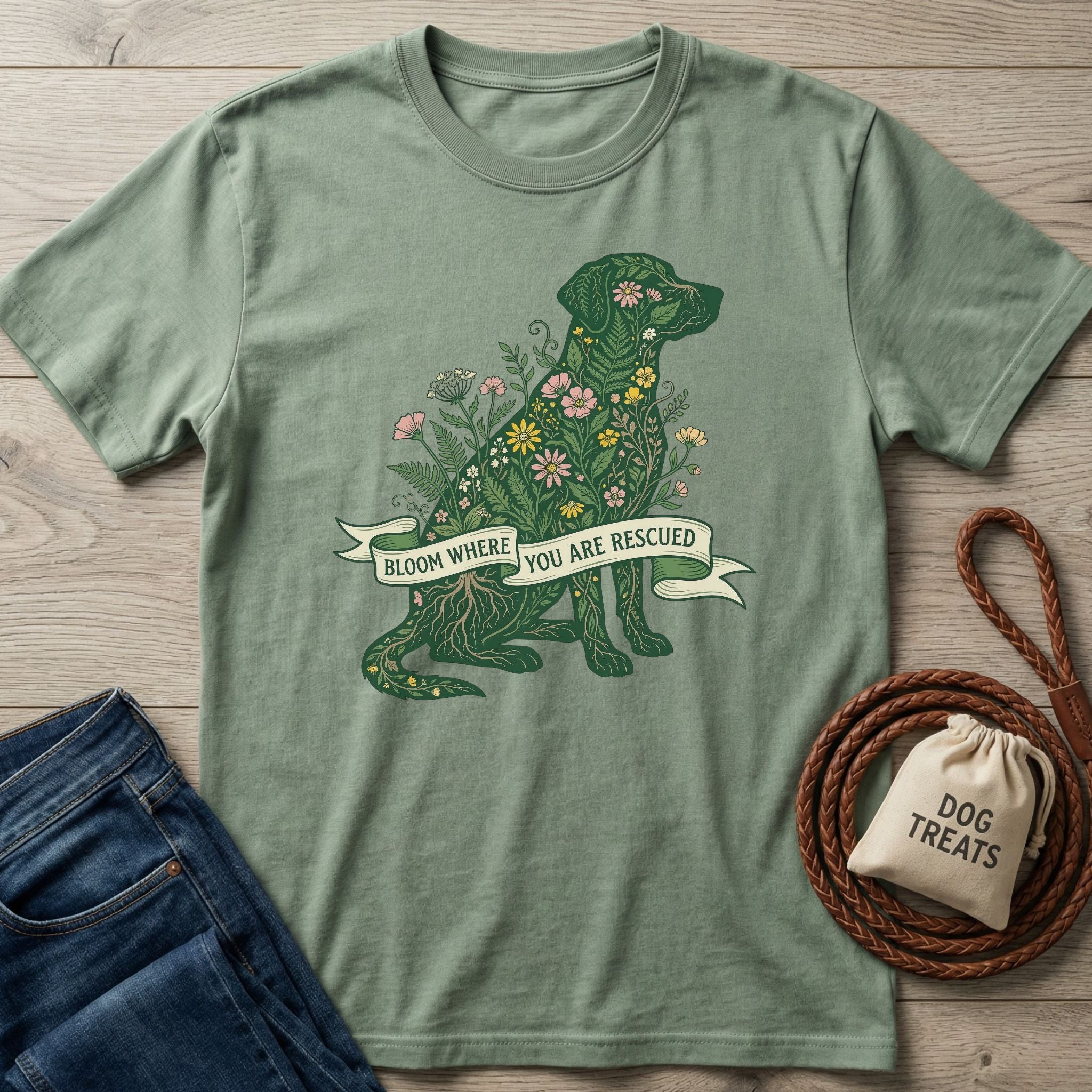 Sage green Gildan Softstyle t-shirt with a floral dog design and "Bloom Where You Are Rescued" text.