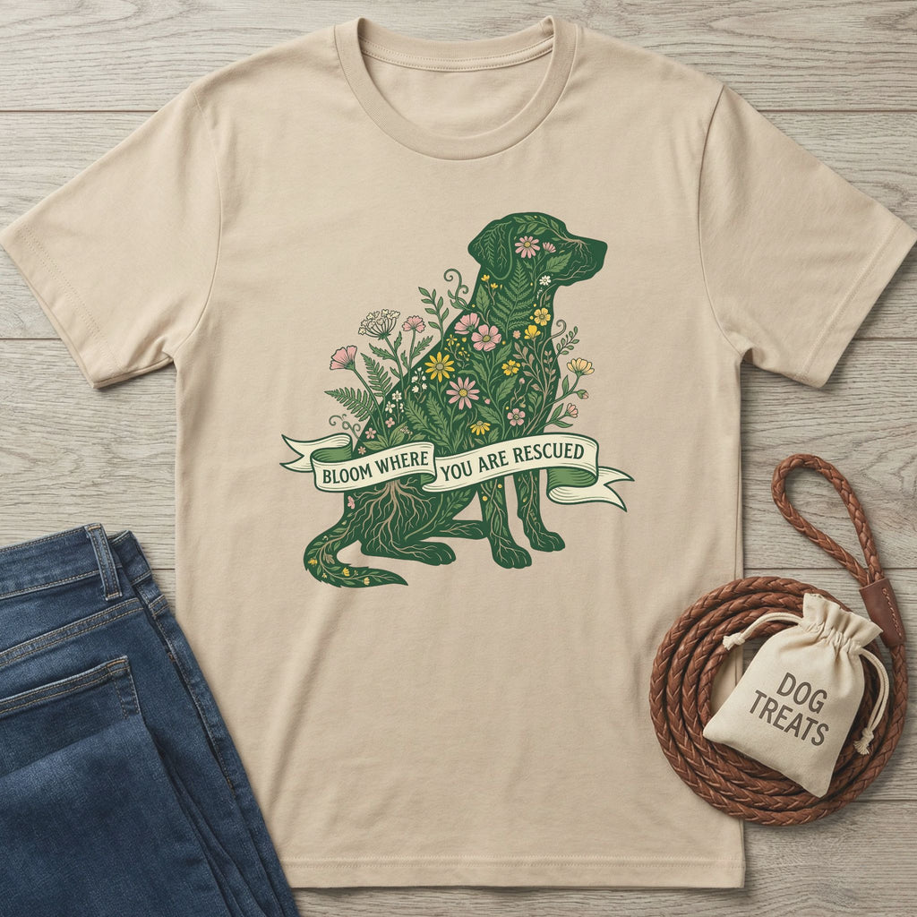 Beige Gildan Softstyle t-shirt with a green floral dog design and "Bloom Where You Are Rescued" banner.
