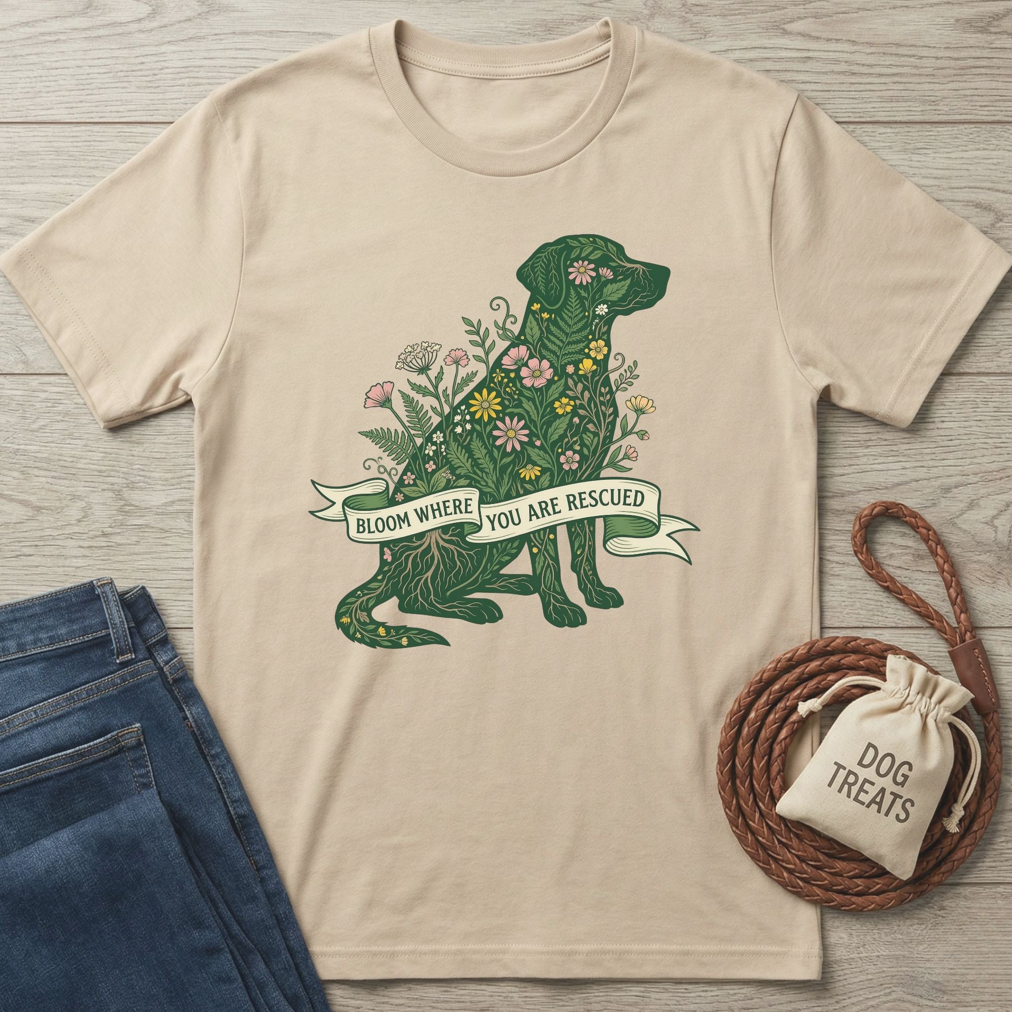 Beige Gildan Softstyle t-shirt with a green floral dog design and "Bloom Where You Are Rescued" banner.