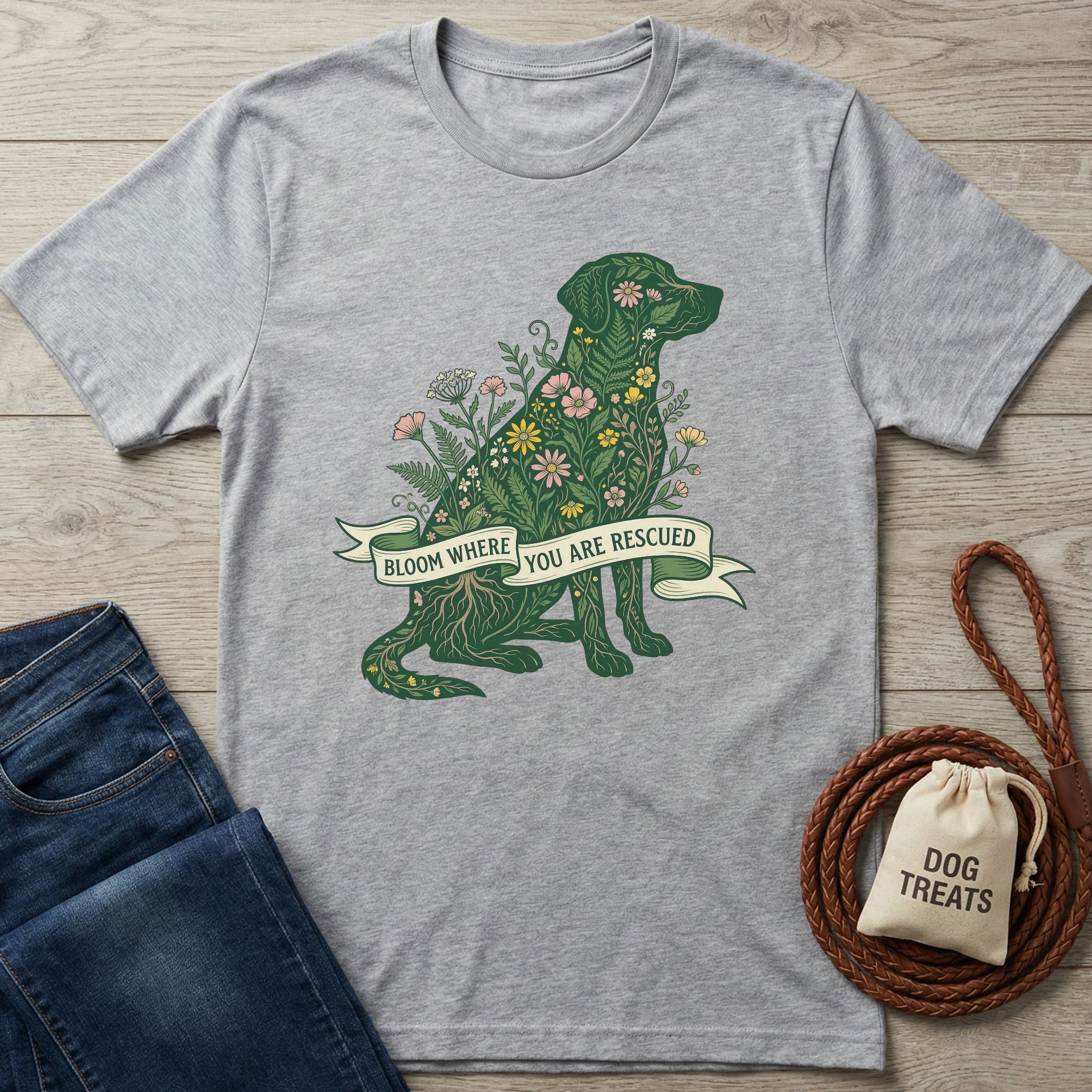 Light grey Gildan Softstyle® t-shirt with a green, floral dog graphic and "Bloom Where You Are Rescued" banner.