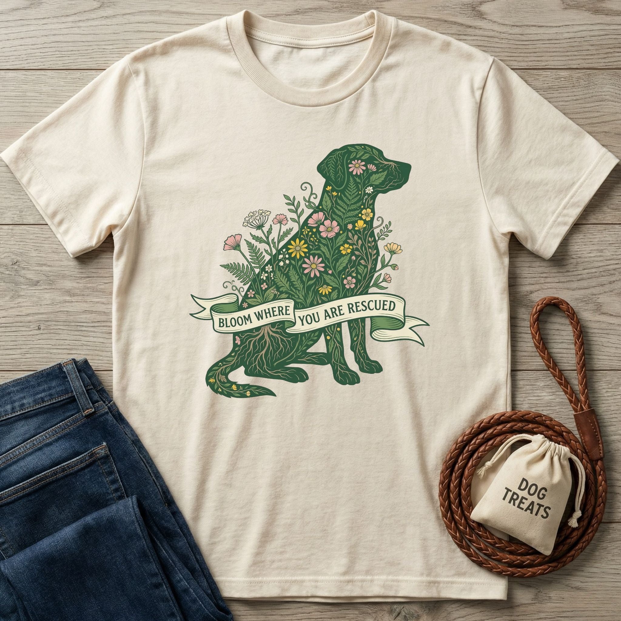 Cream Gildan Softstyle t-shirt with a green, floral dog design and "Bloom Where You Are Rescued" banner.