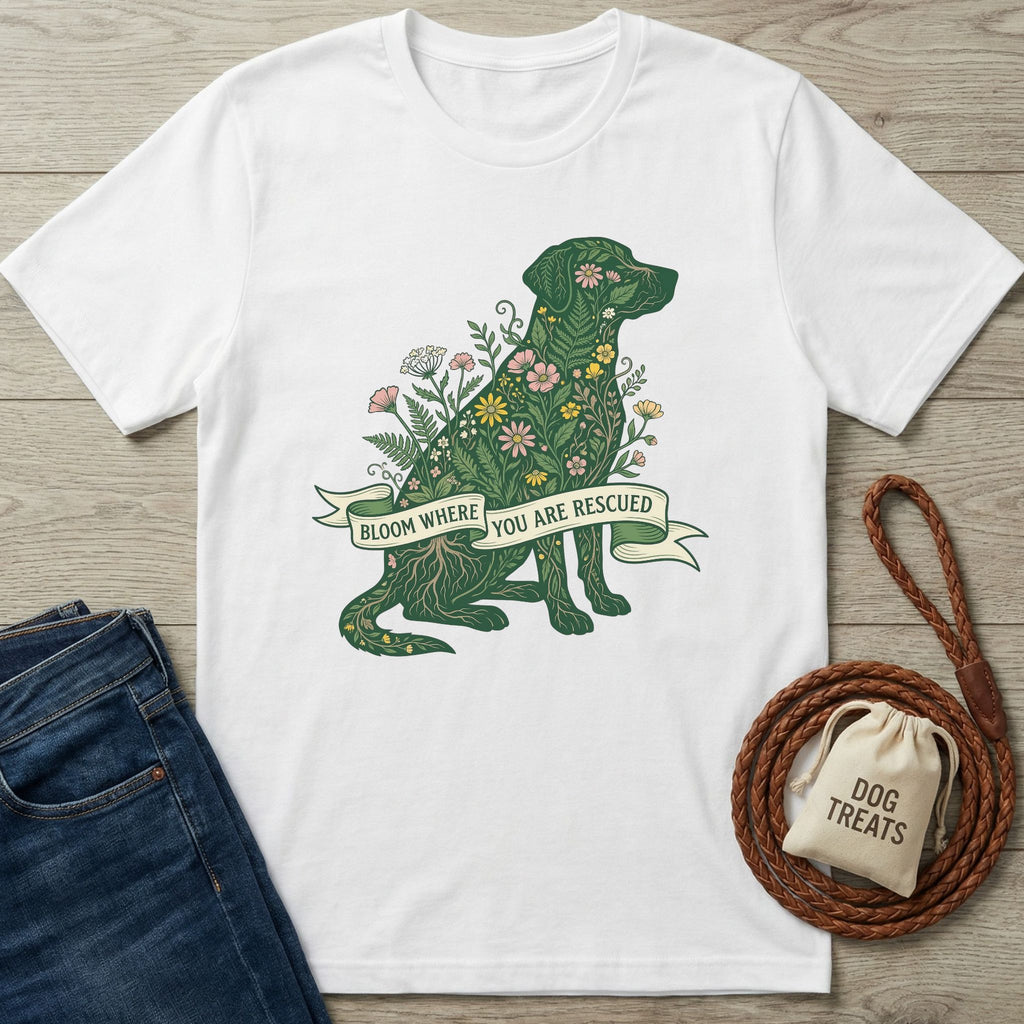 White Gildan Softstyle t-shirt with a green, floral dog design and "Bloom Where You Are Rescued" banner.