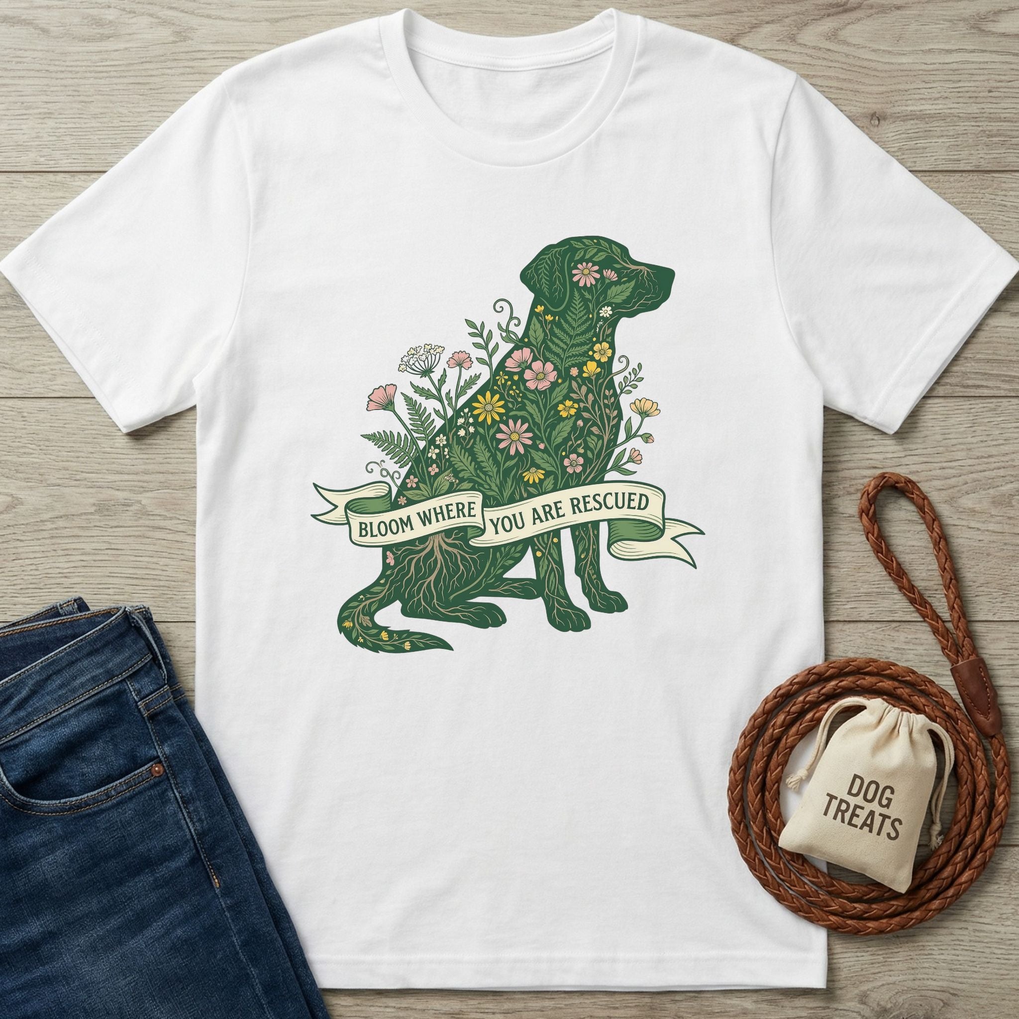 White Gildan Softstyle t-shirt with a green, floral dog design and "Bloom Where You Are Rescued" banner.