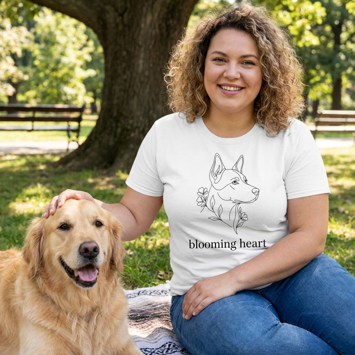 Woman in white Gildan Softstyle tee with "blooming heart" dog graphic, petting a golden retriever in a park.
