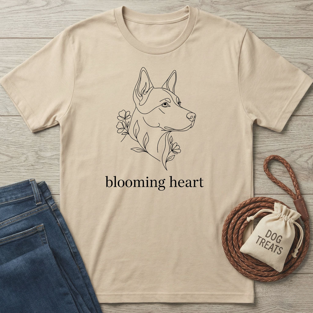 Blooming Heart T-shirt: tan Gildan Softstyle tee with a black line art dog and floral design.