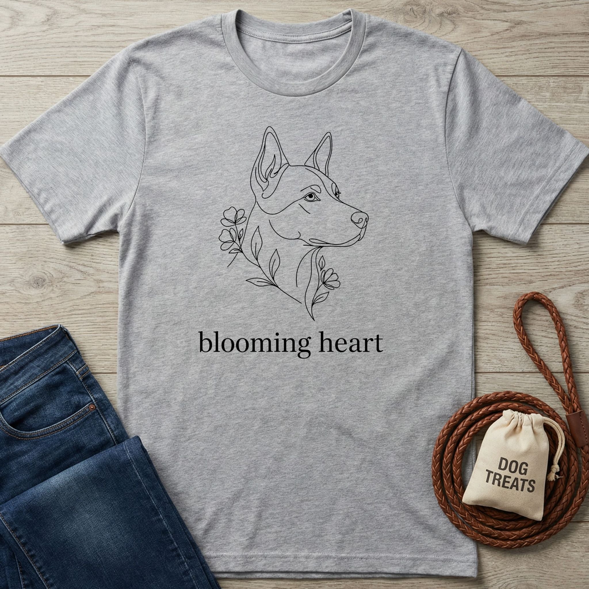 Light grey Gildan Softstyle® t-shirt with a black line art dog and "blooming heart" text.