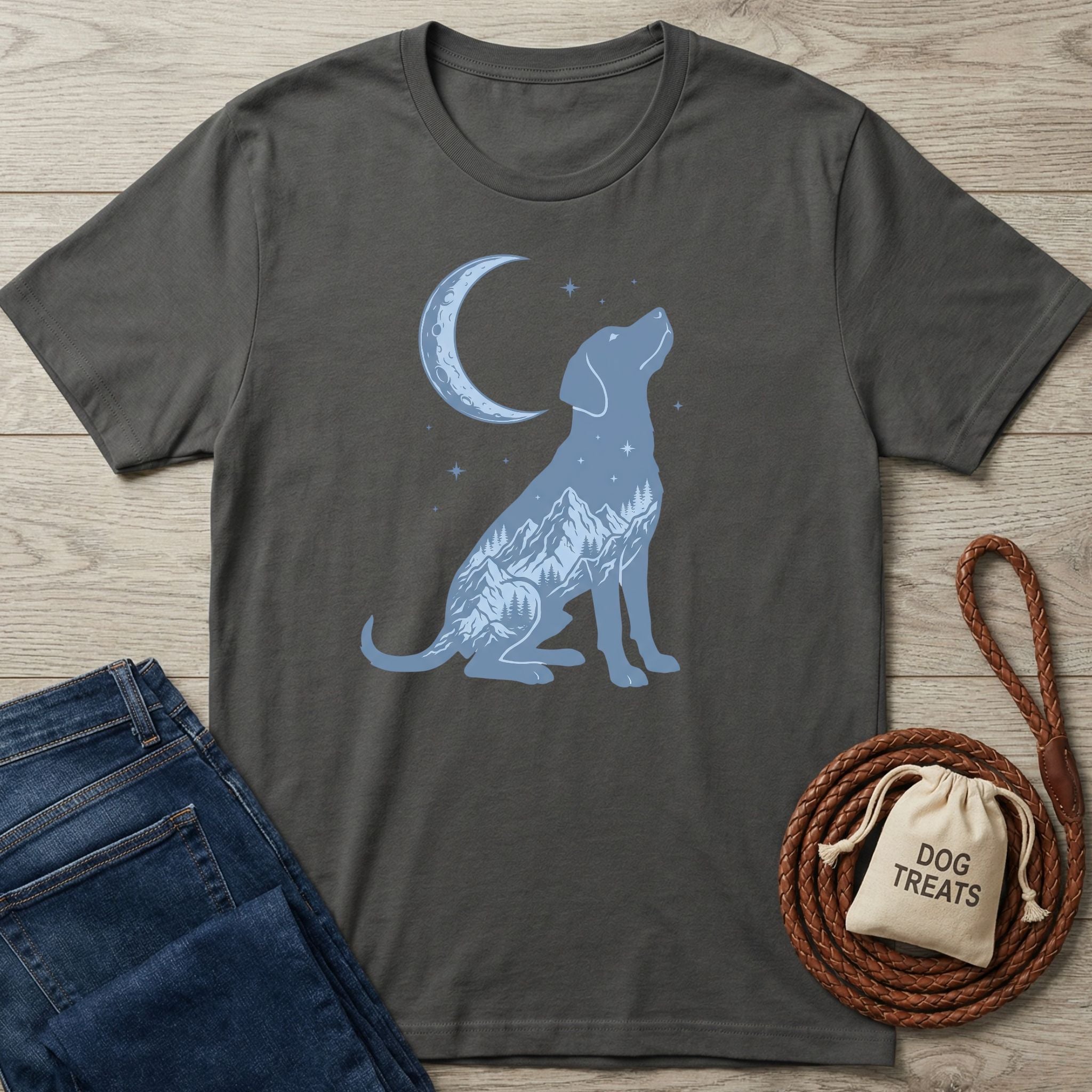 Charcoal gray Blue Moon T-shirt with a blue dog and mountain silhouette under a crescent moon.