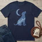 Navy Blue Moon T-shirt with a light blue dog silhouette filled with mountains and a crescent moon.