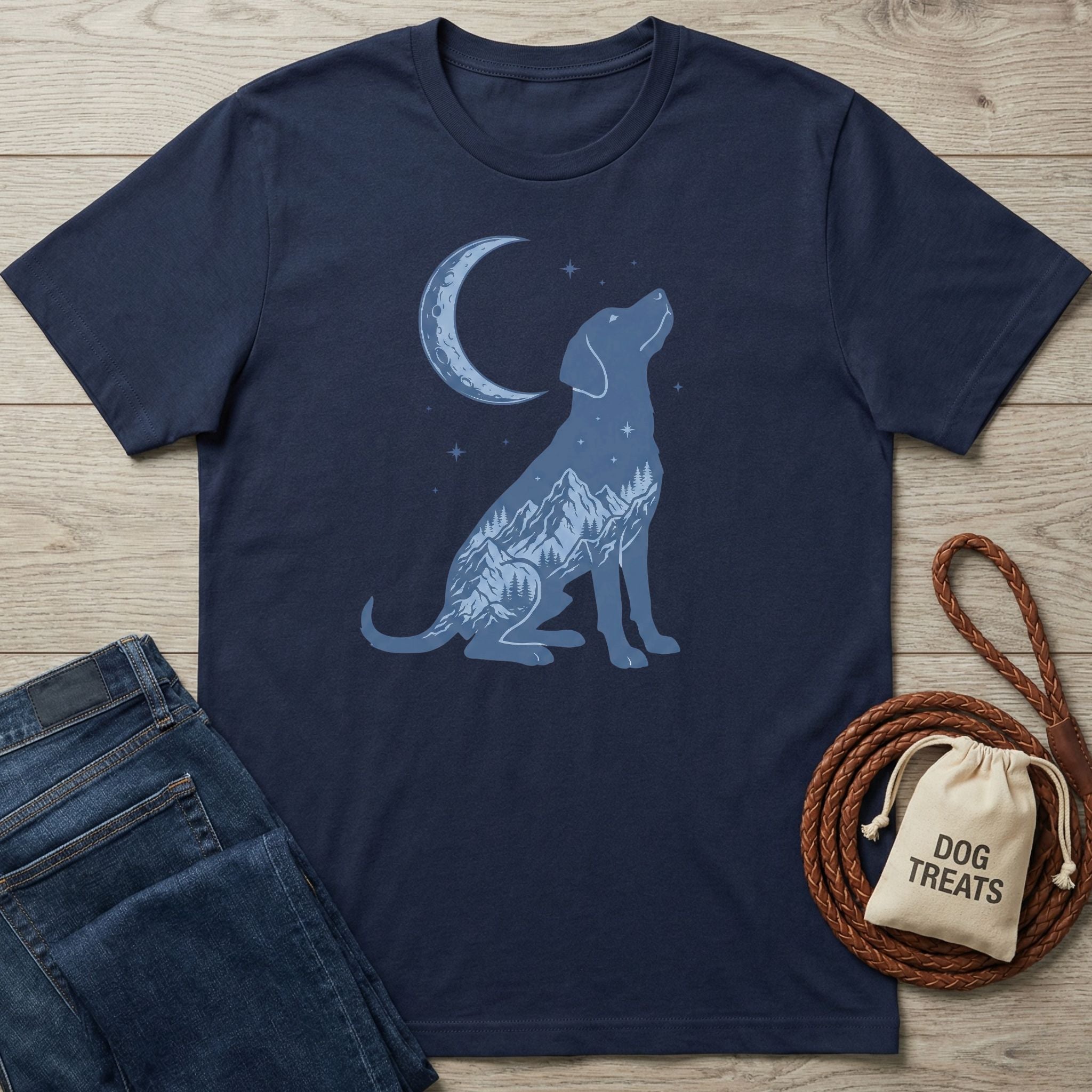 Navy Blue Moon T-shirt with a light blue dog silhouette filled with mountains and a crescent moon.