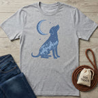 Gray Blue Moon T-shirt with a blue dog silhouette filled with mountains and a crescent moon.