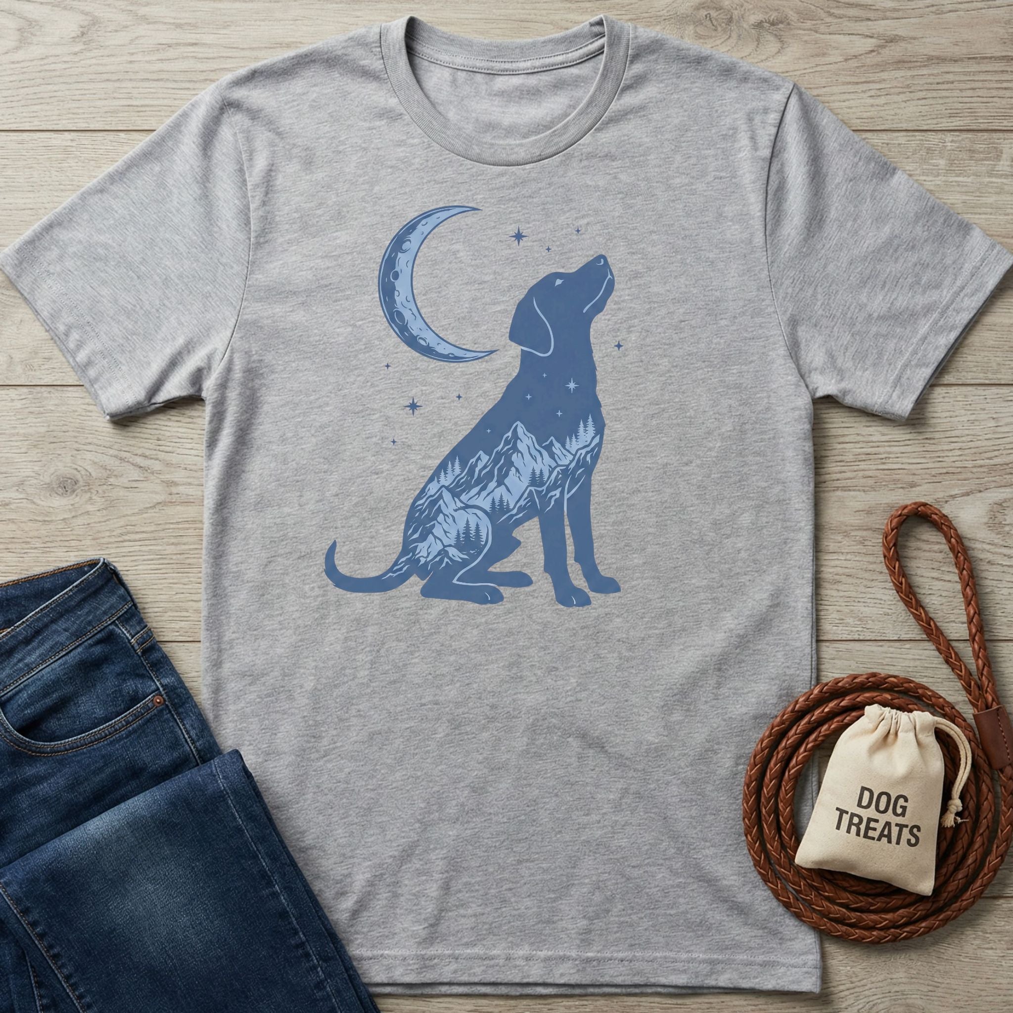Gray Blue Moon T-shirt with a blue dog silhouette filled with mountains and a crescent moon.