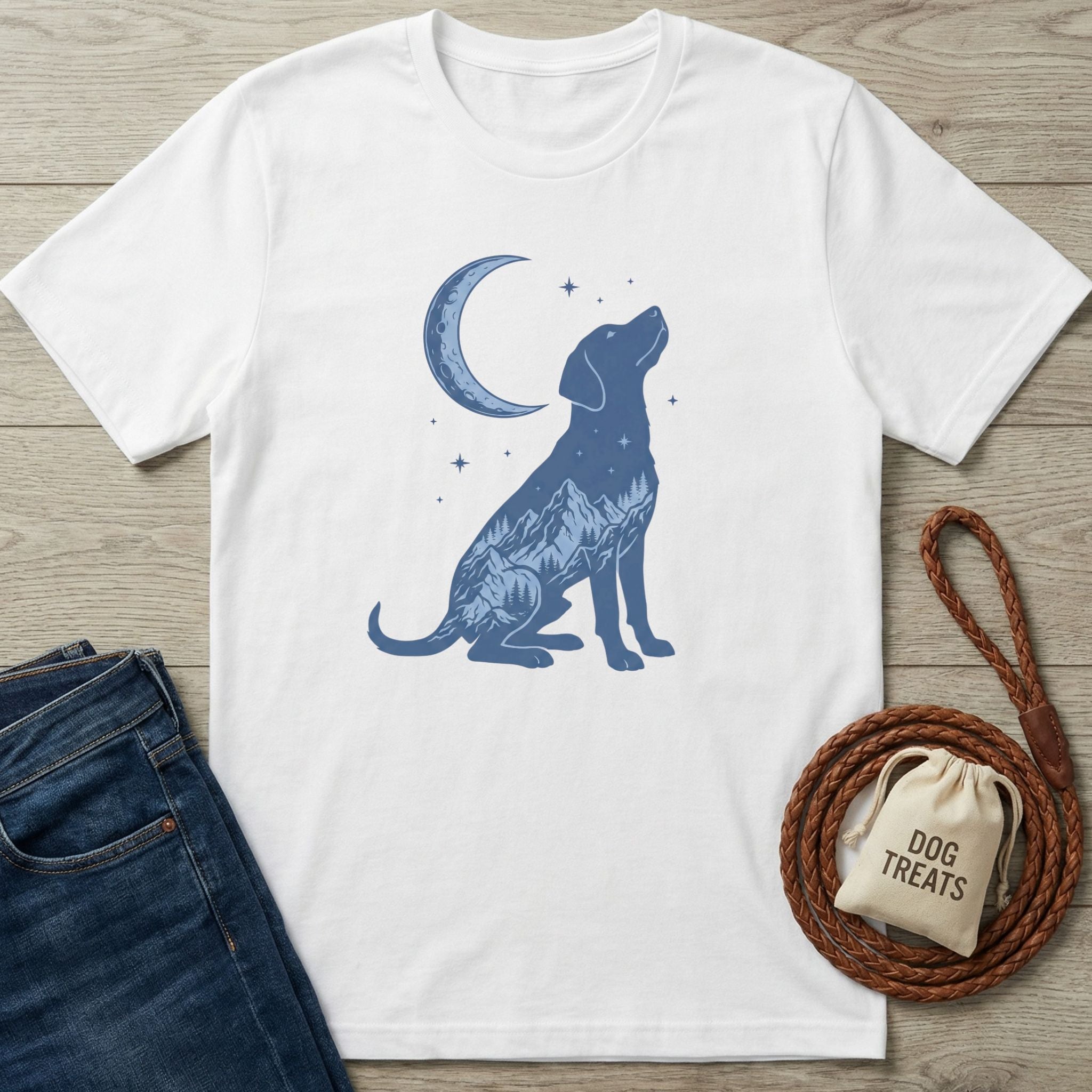 White cotton Blue Moon T-Shirt with a blue dog silhouette filled with mountains and a crescent moon.