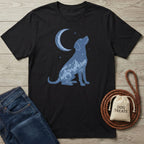 Black t-shirt with a blue moon and dog silhouette filled with mountain scenery.