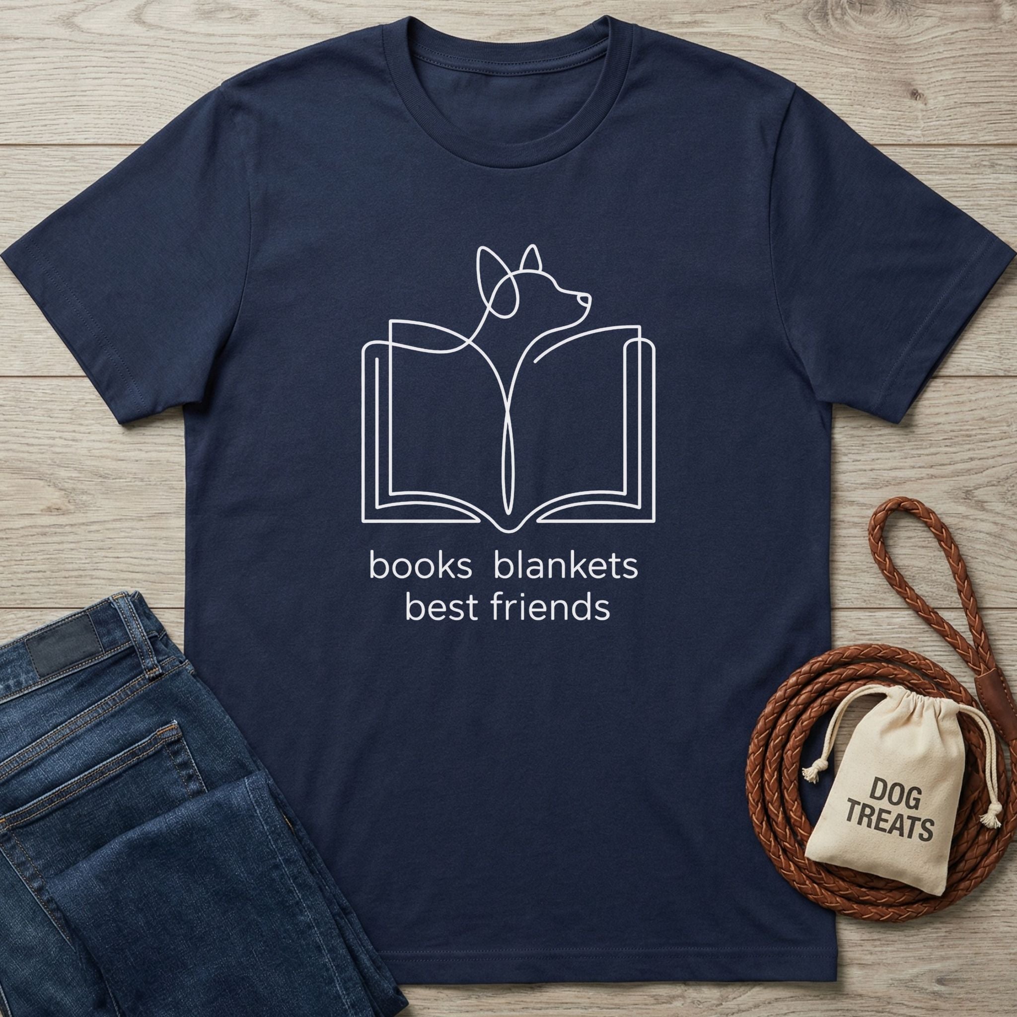 Navy Gildan Softstyle t-shirt with "books blankets best friends" text and a dog-book line art graphic.