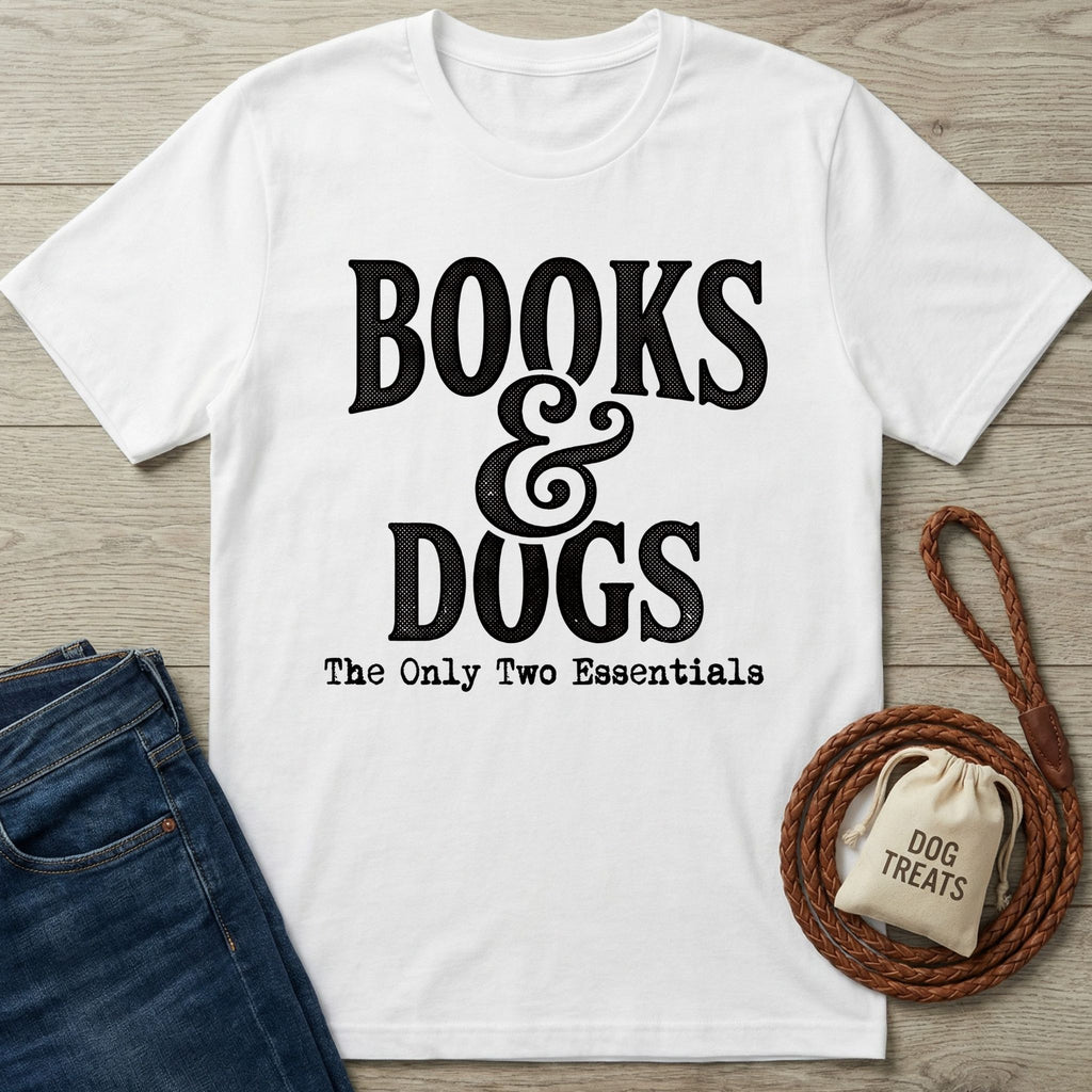 White cotton graphic T-shirt featuring Books & Dogs text with a brown leather leash and treat bag on a wooden background.