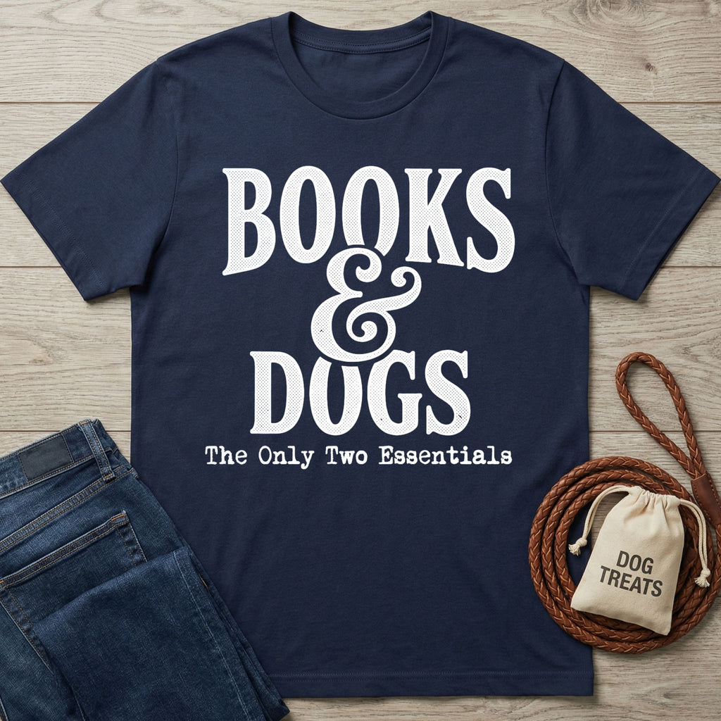 Navy blue cotton T-shirt featuring white Books & Dogs text, styled with denim jeans and a dog treat bag on a wood background.