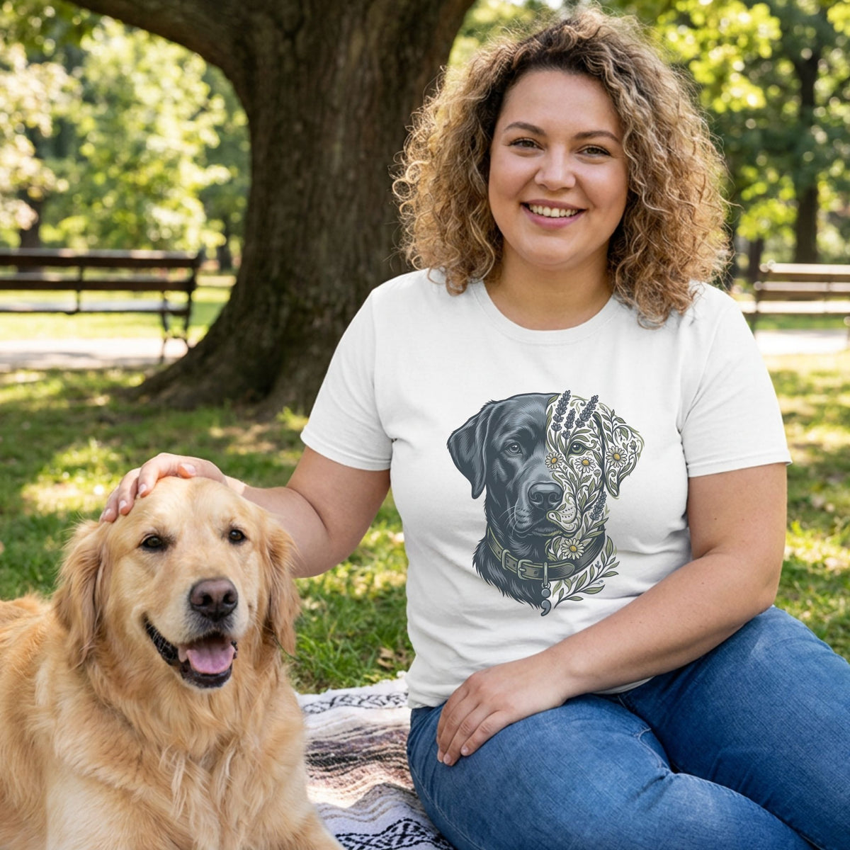 Woman in white botanical dog t-shirt petting a golden retriever in a park.
