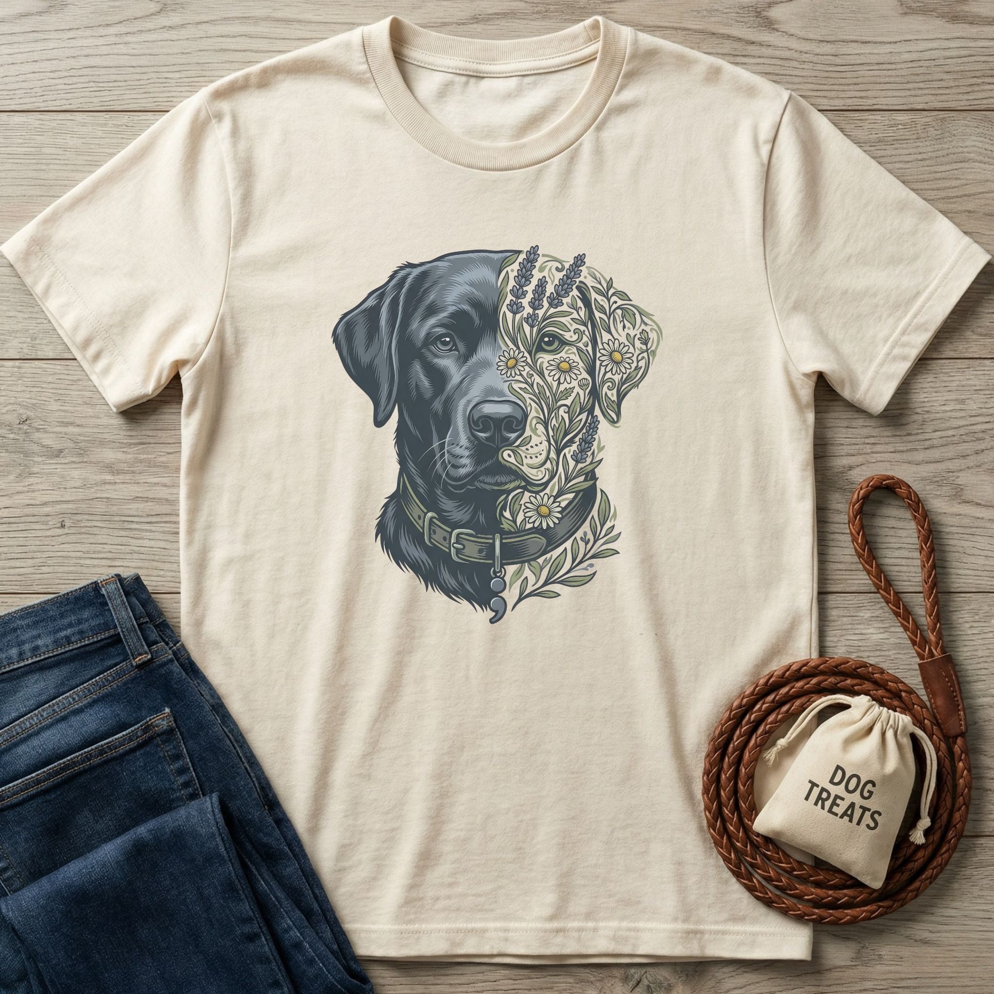 Cream Gildan Softstyle® t-shirt with a black lab and botanical floral design, next to jeans and dog treats.