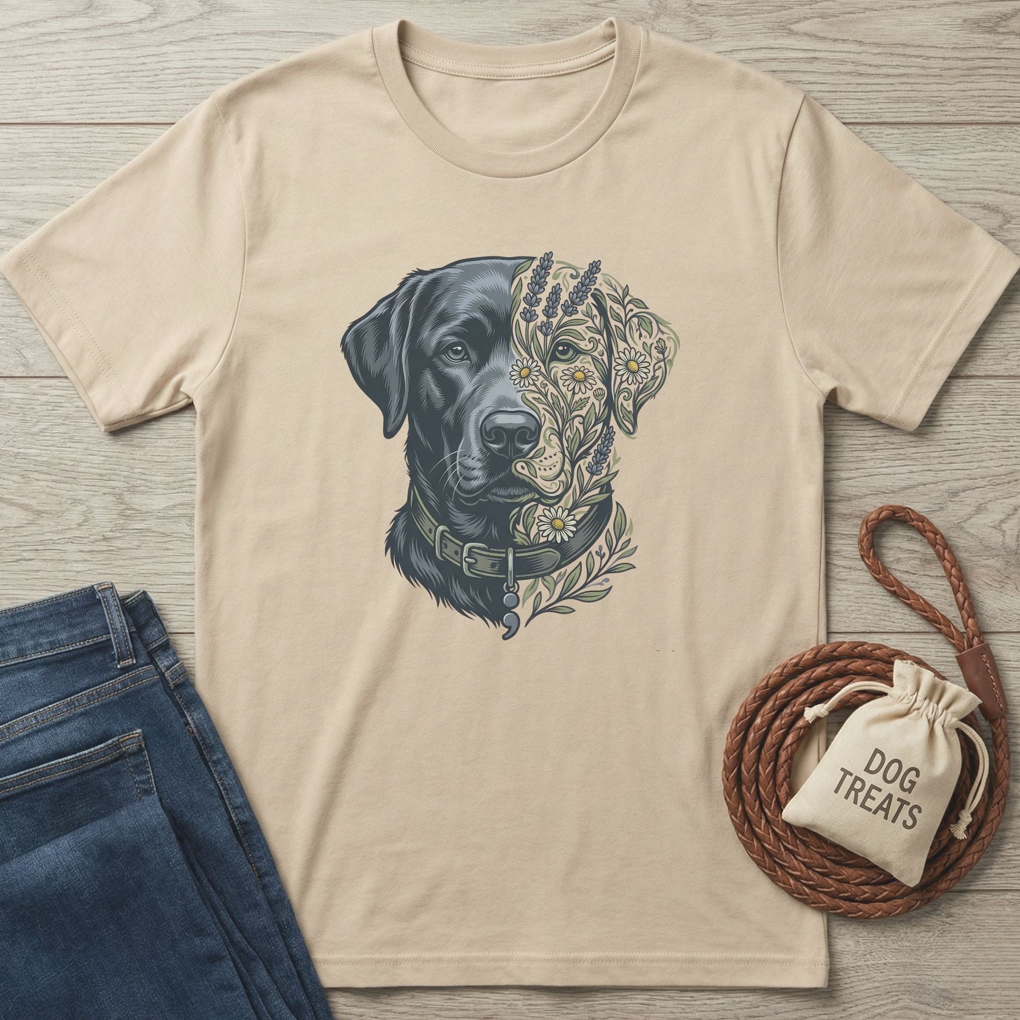 Beige Gildan Softstyle t-shirt with a black Labrador dog head, half botanical floral design.