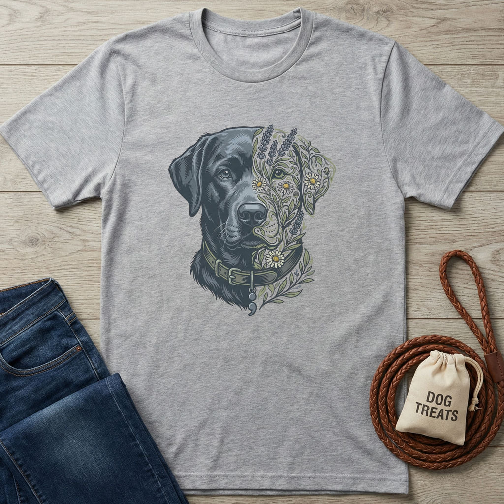 Light grey Gildan Softstyle t-shirt with a black Labrador dog head, half botanical floral design.